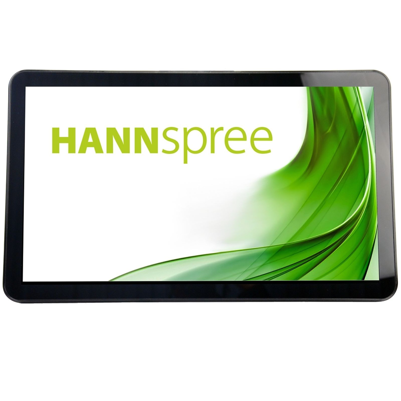 Tablet wyświetlający 'HANNSspree' z zieloną grafiką fali na białym tle.