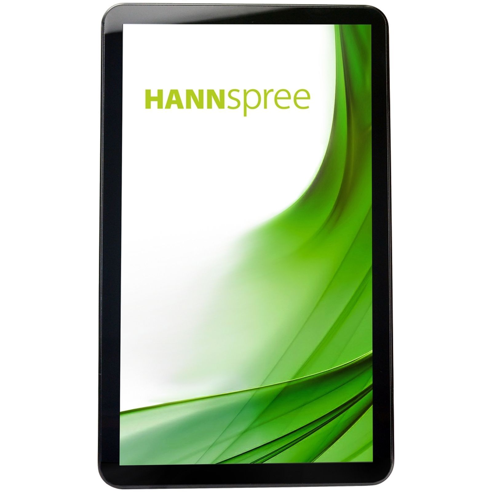 Tablet z logo 'HANNSspree' na ekranie, z zielonym tłem.