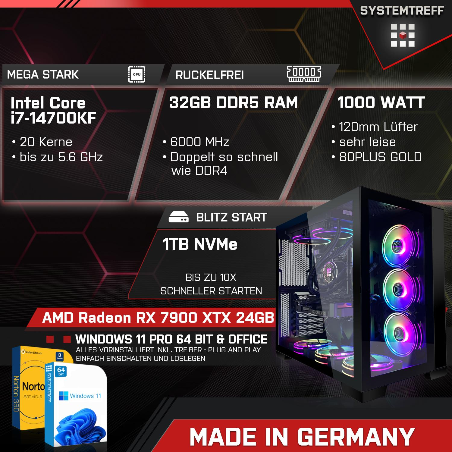 SYSTEMTREFF High-End Gaming Intel Windows Core GB XTX i7 Intel® RX AMD Gaming mit PC Prozessor, i7-14700KF, mSSD, GB 1000 7900 Pro, Radeon™ Core™ 11 32 RAM