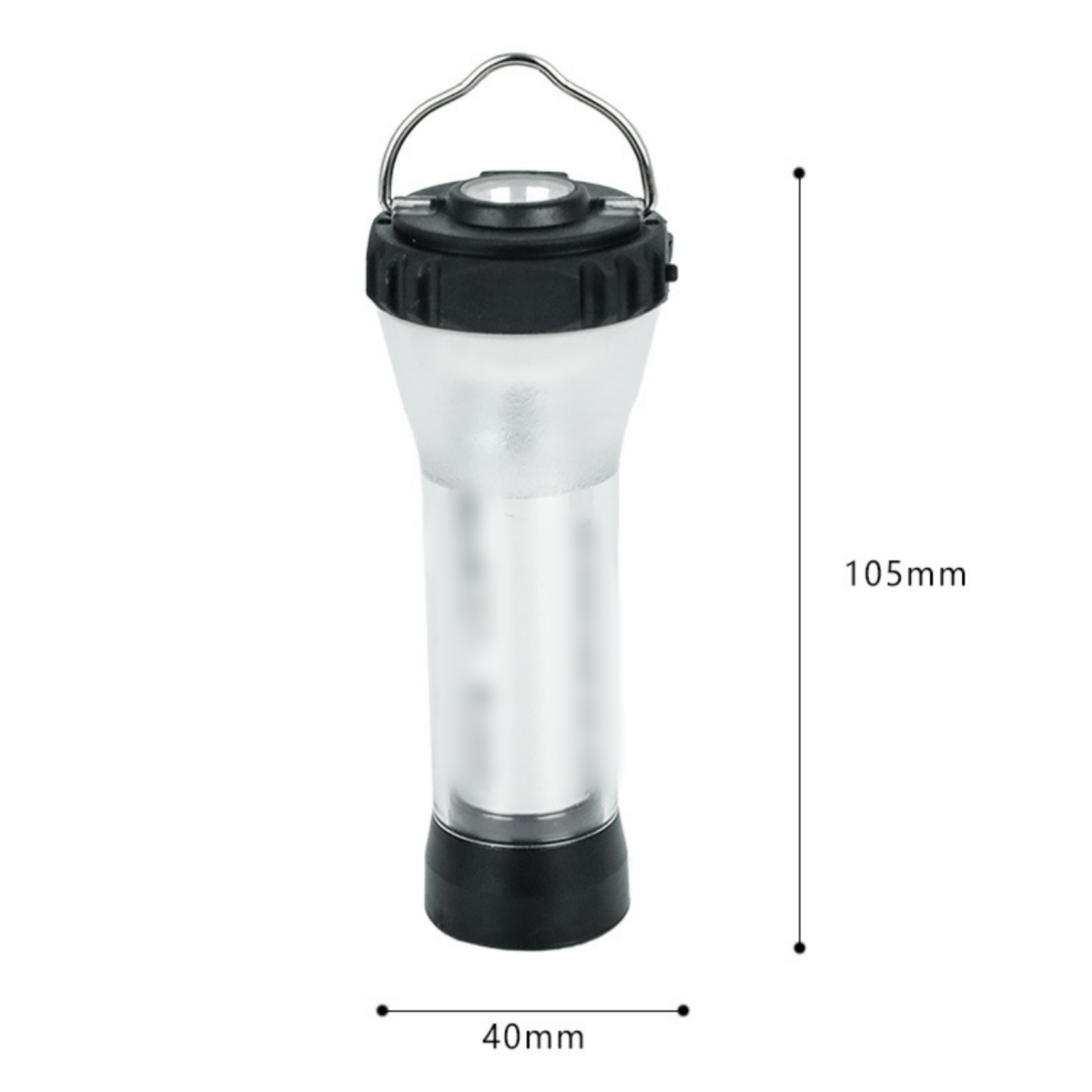 Eine weiße und silberne Laterne mit Maßen: 105mm, 40mm.
