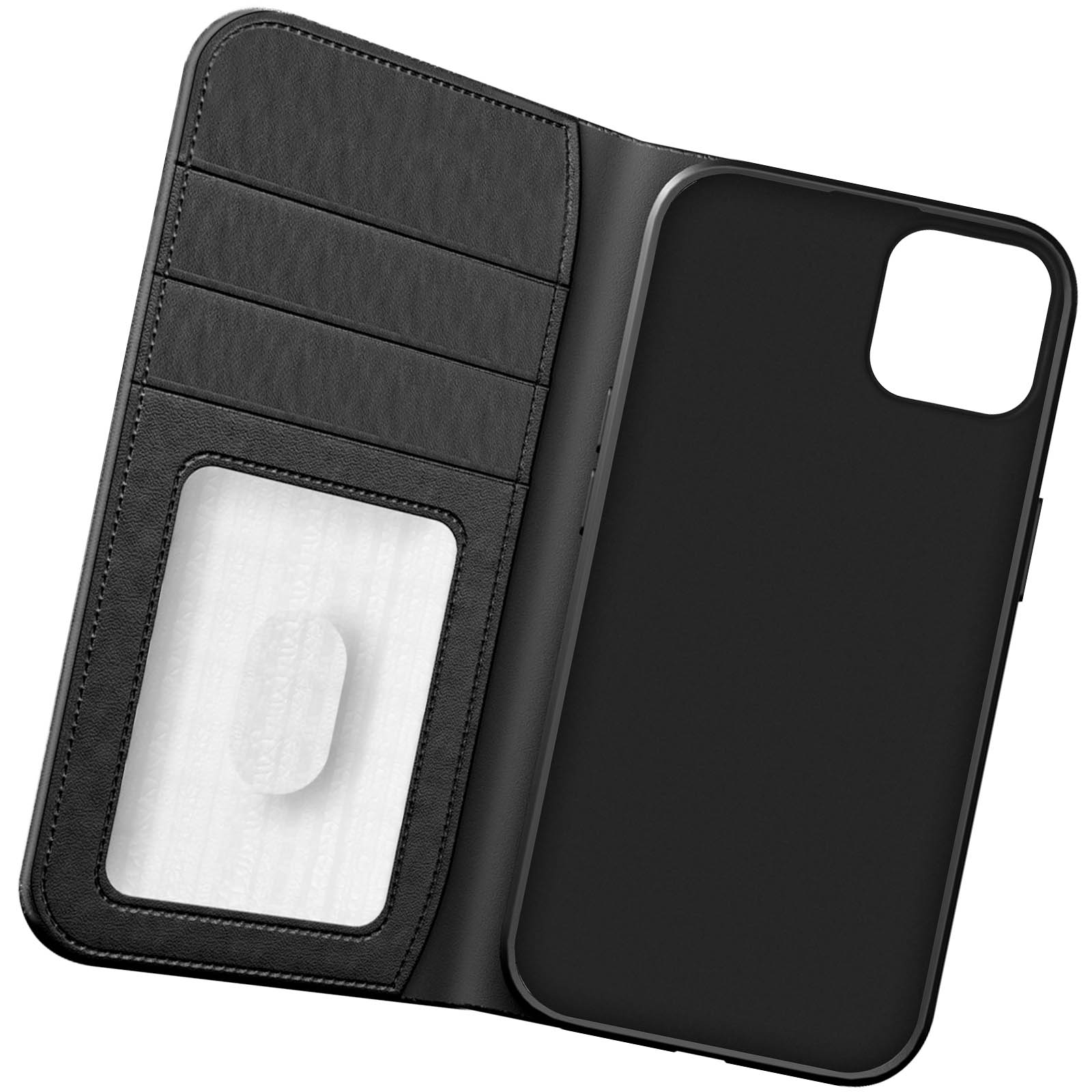 Custodia nera per telefono con fessure per carte. Interno nero. Esterno nero.