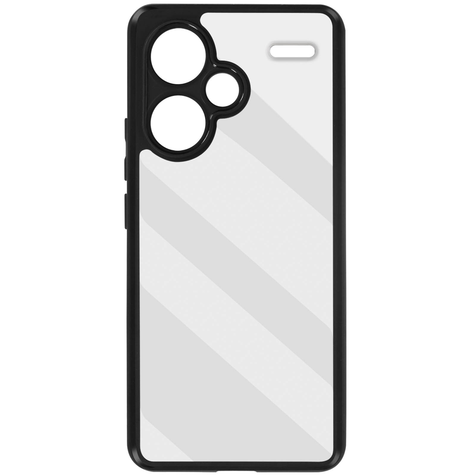 Una custodia per telefono con bordo nero e strisce diagonali bianche.