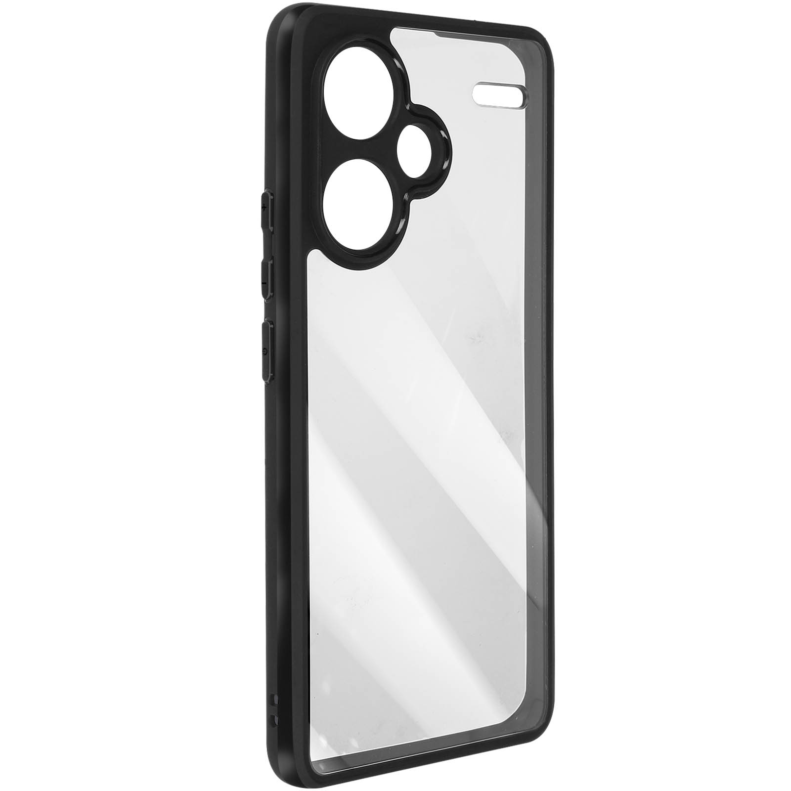 Una custodia per telefono nera con retro trasparente e bordi neri, su sfondo bianco.