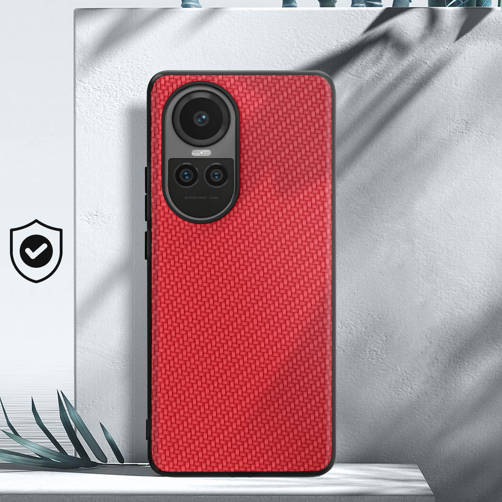 Custodia rossa per telefono con modulo fotocamera e icona scudo a sinistra.