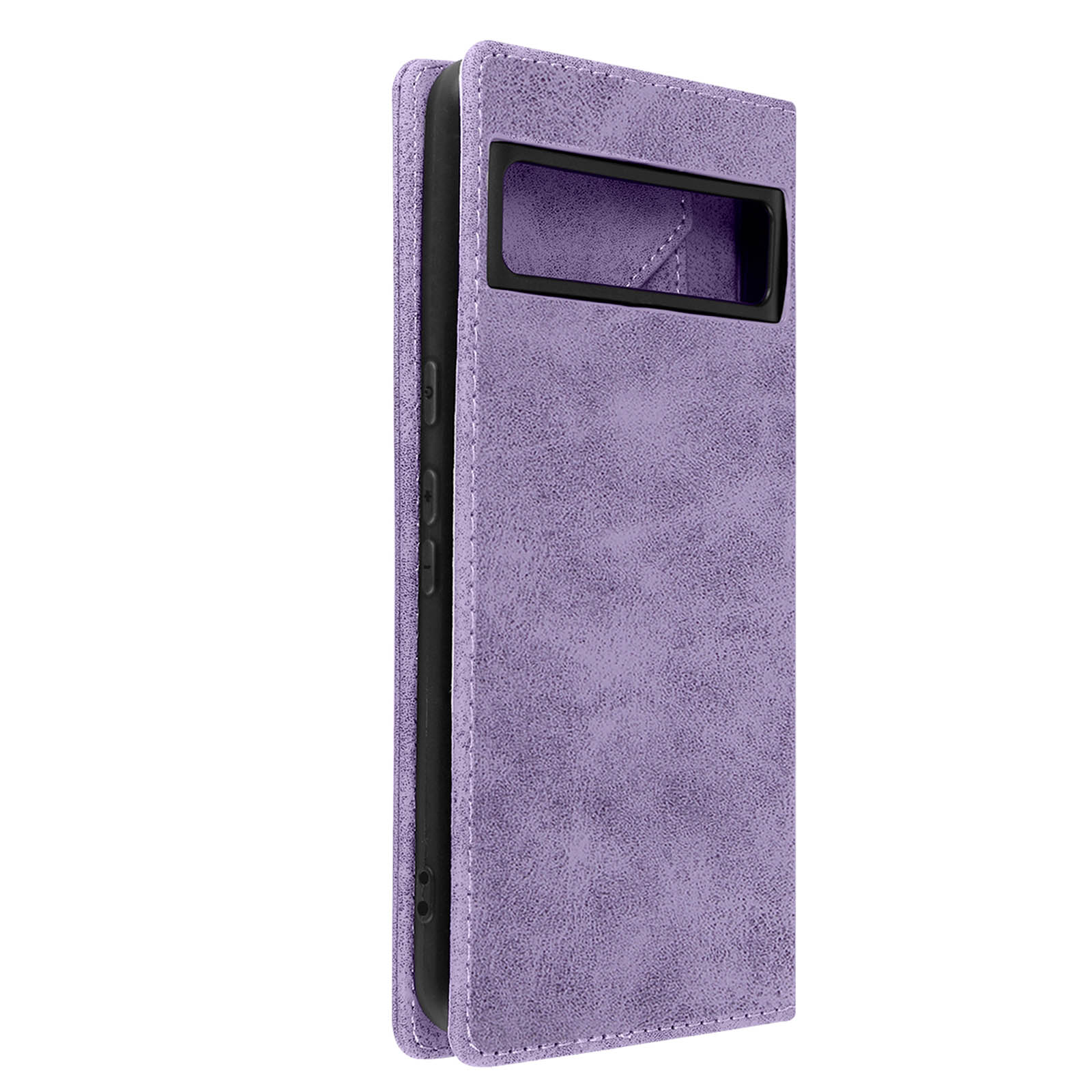 Custodia per telefono viola, aperta, con un telefono all'interno. Sfondo bianco.