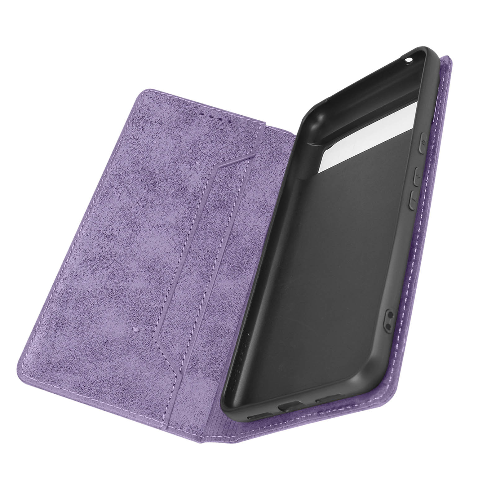 Custodia per telefono viola aperta. All'interno, il telefono è tenuto in una cornice nera con una tasca.