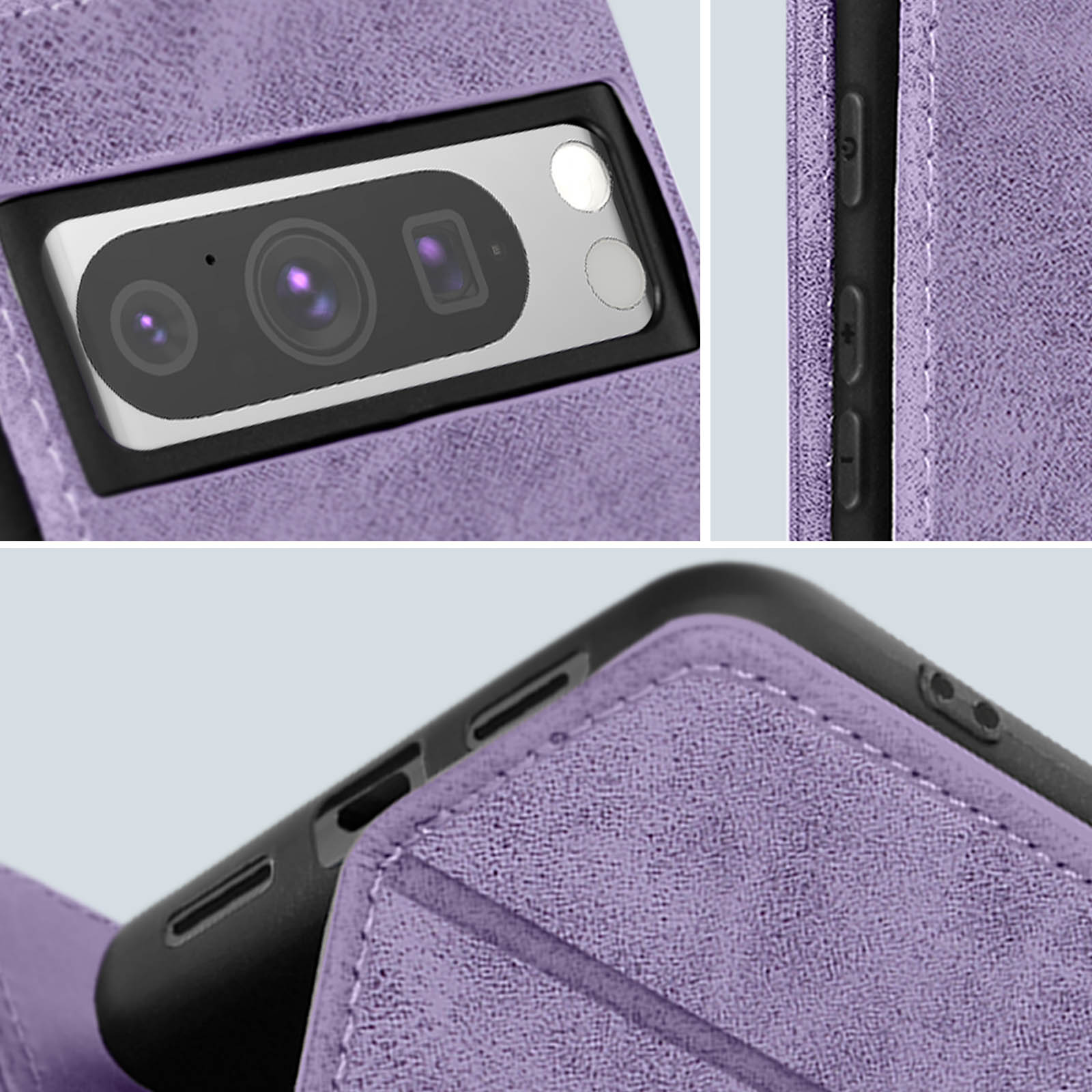 Primo piano di una custodia per telefono con ritaglio per la fotocamera. La custodia è viola e presenta una superficie strutturata.