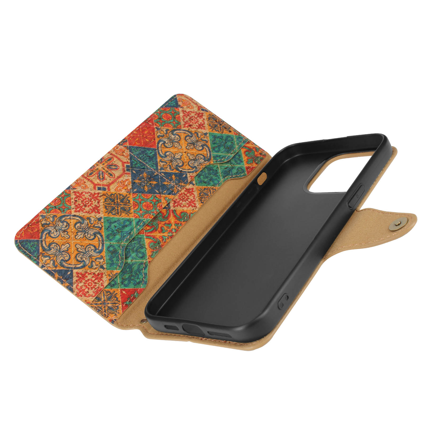 Custodia per telefono aperta, che mostra l'interno e la forma del telefono. Design marrone e fantasia.