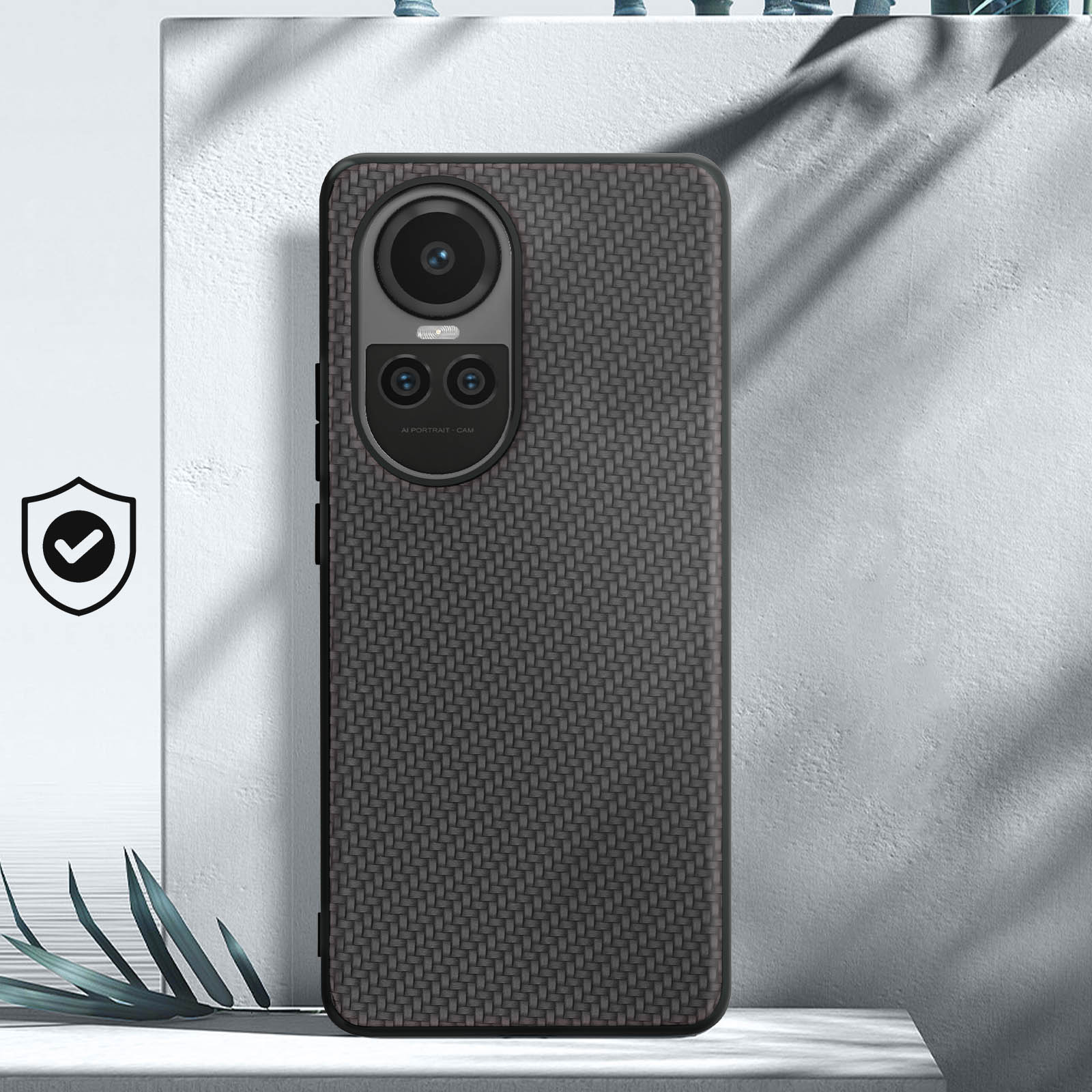 Una custodia nera per telefono con motivo strutturato e modulo fotocamera.