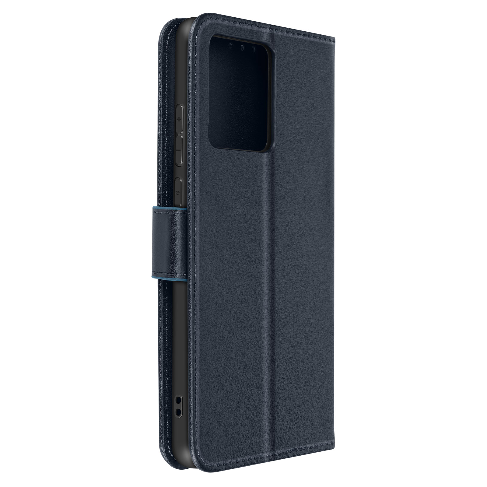 Una custodia per telefono blu scuro con design a portafoglio. È chiusa, con una chiusura magnetica.