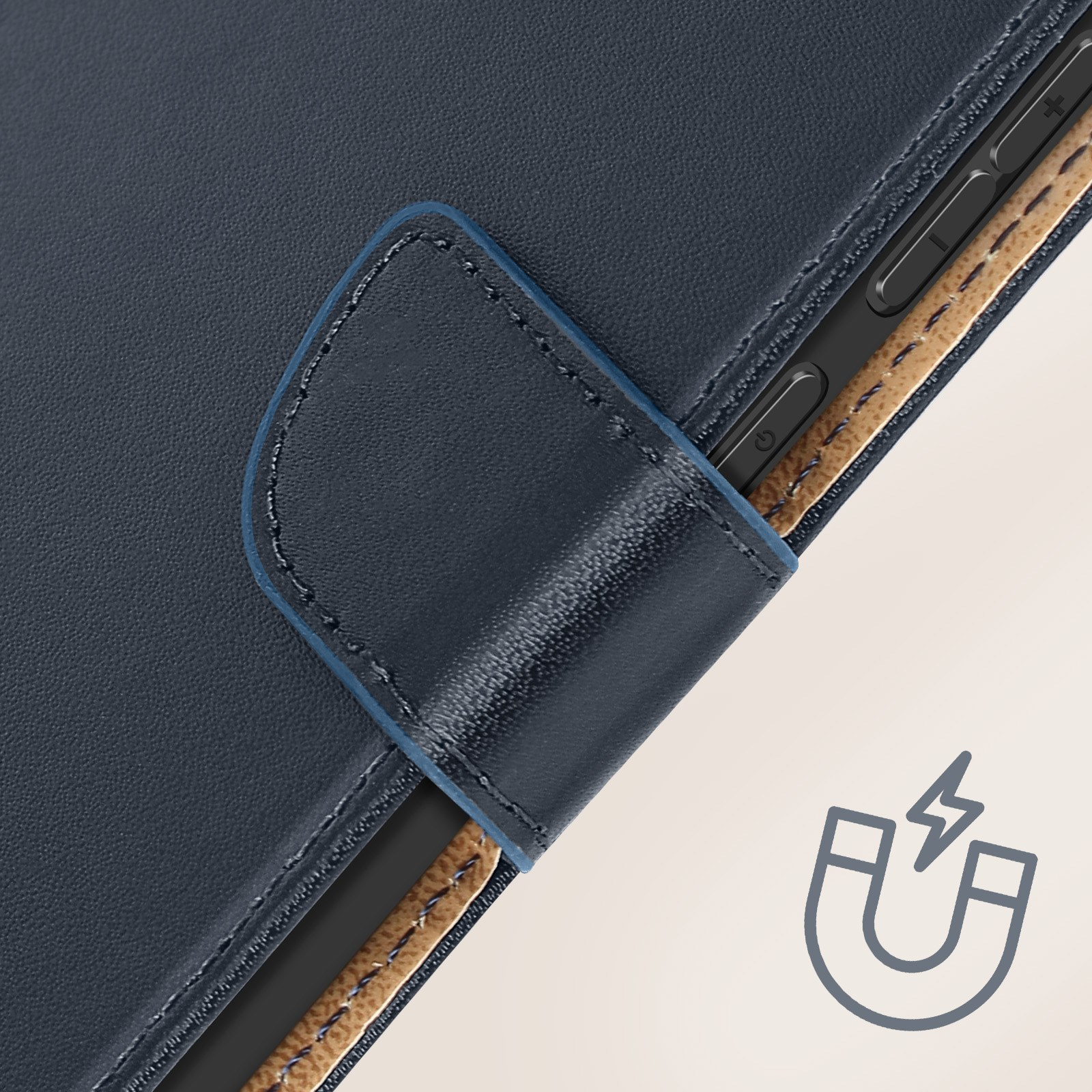 Custodia in pelle blu, con chiusura magnetica e simbolo.
