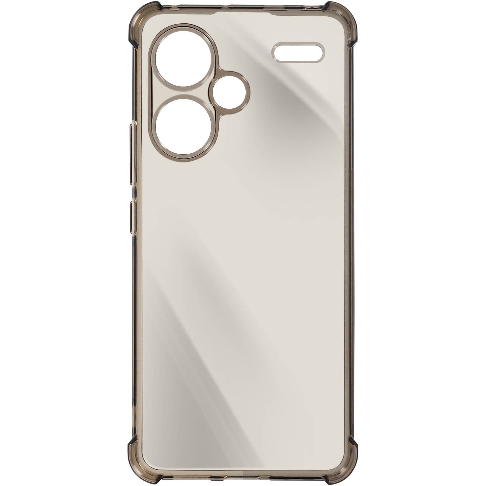 Custodia trasparente con ritagli per fotocamere. Sfondo bianco.