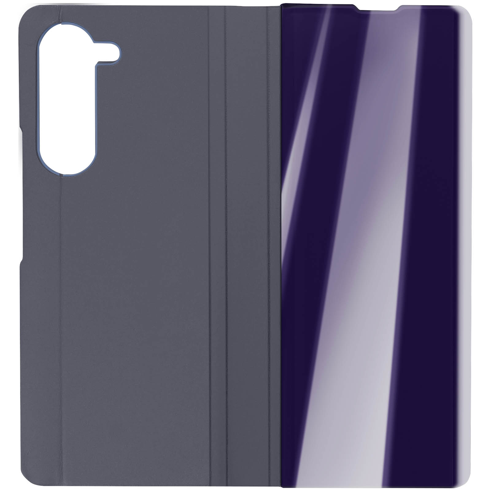 Una custodia per telefono aperta di colore blu-grigio. L'interno ha uno schermo viola scuro. La custodia è aperta.