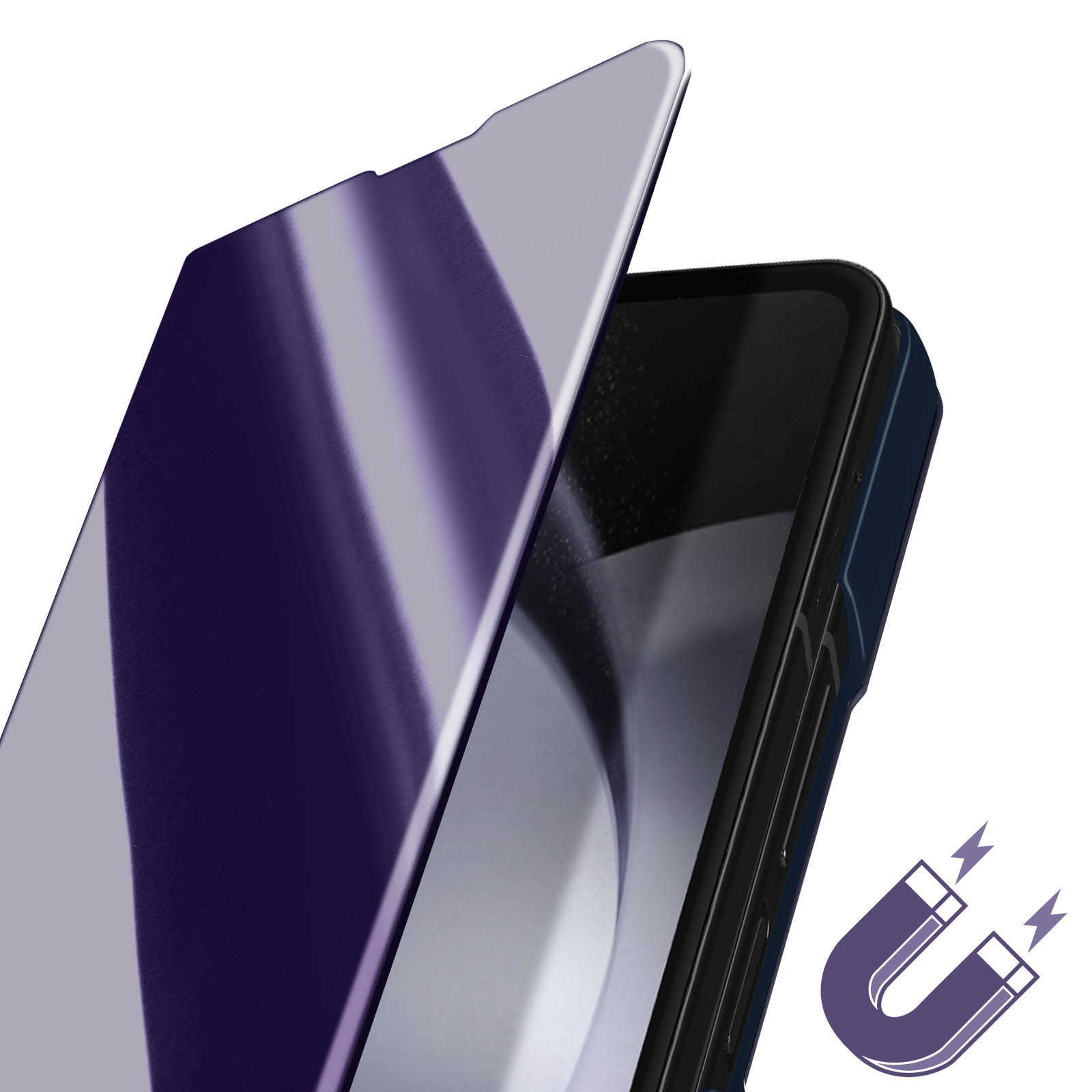 La custodia del telefono è viola e bianca. La custodia è aperta, rivelando lo schermo del telefono. Icona del magnete.