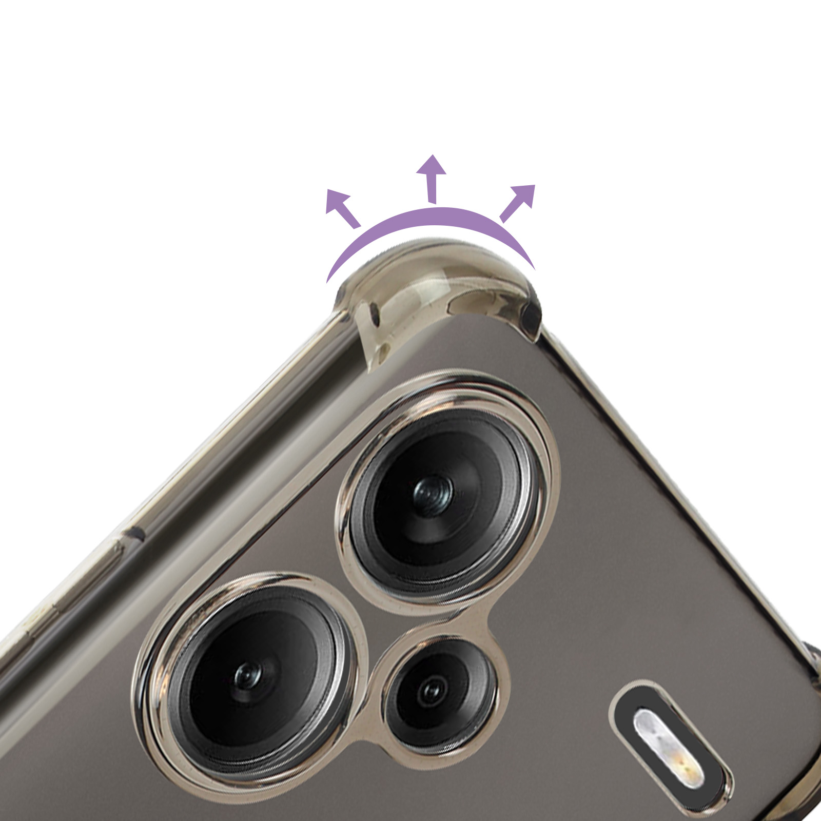 Primo piano del rilievo della fotocamera di un telefono con tre lenti. Le lenti sono circondate da un anello dorato.
