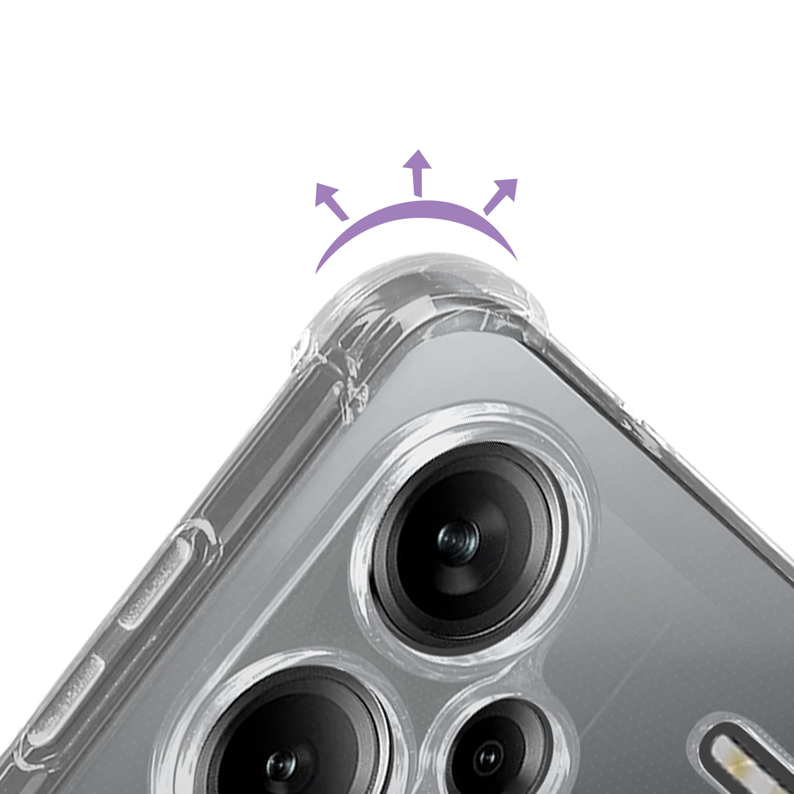 Primo piano del rigonfiamento della fotocamera di un telefono con frecce che indicano la protezione.