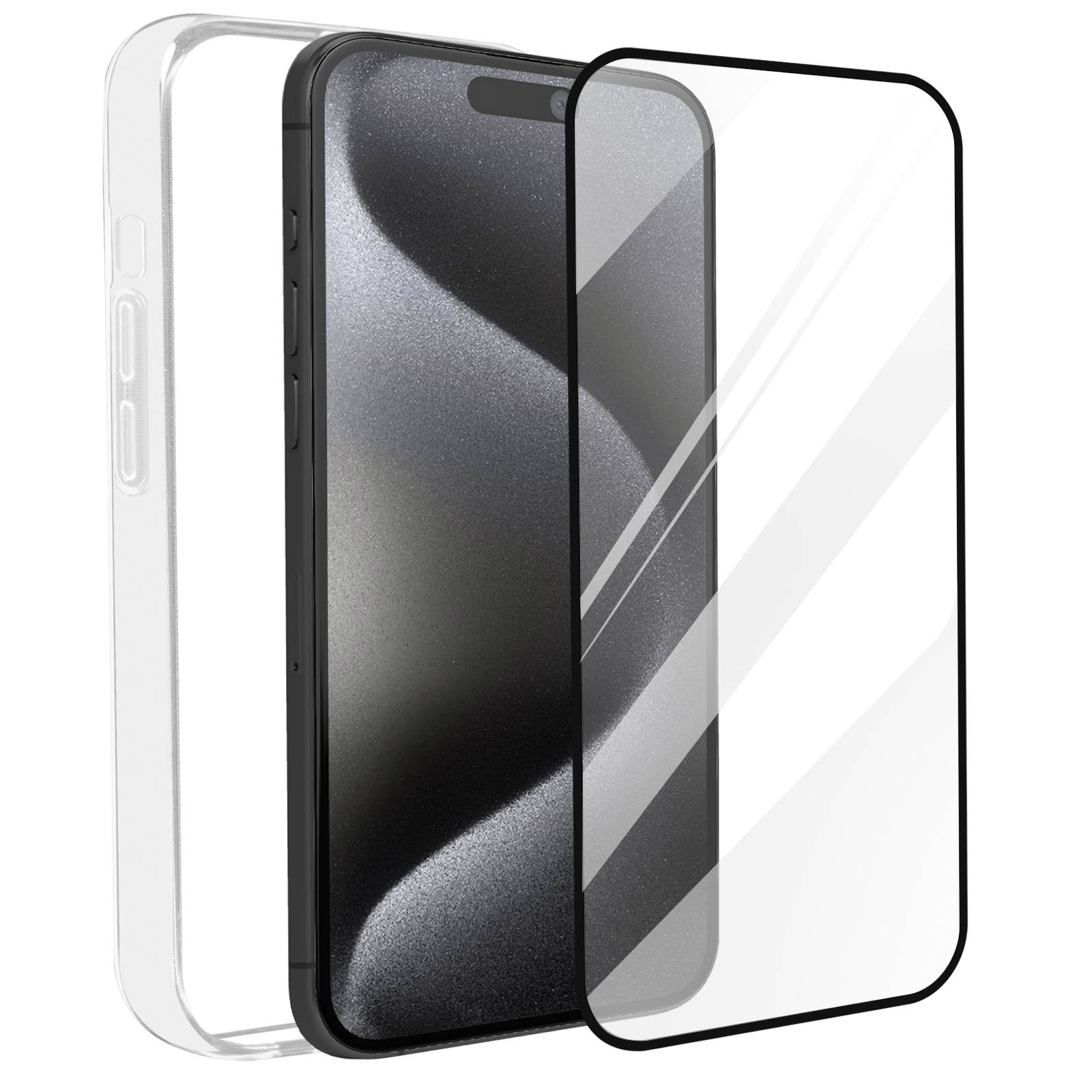 Ein Telefon und Displayschutzfolie. Das Telefon ist schwarz und der Schutz ist klar.