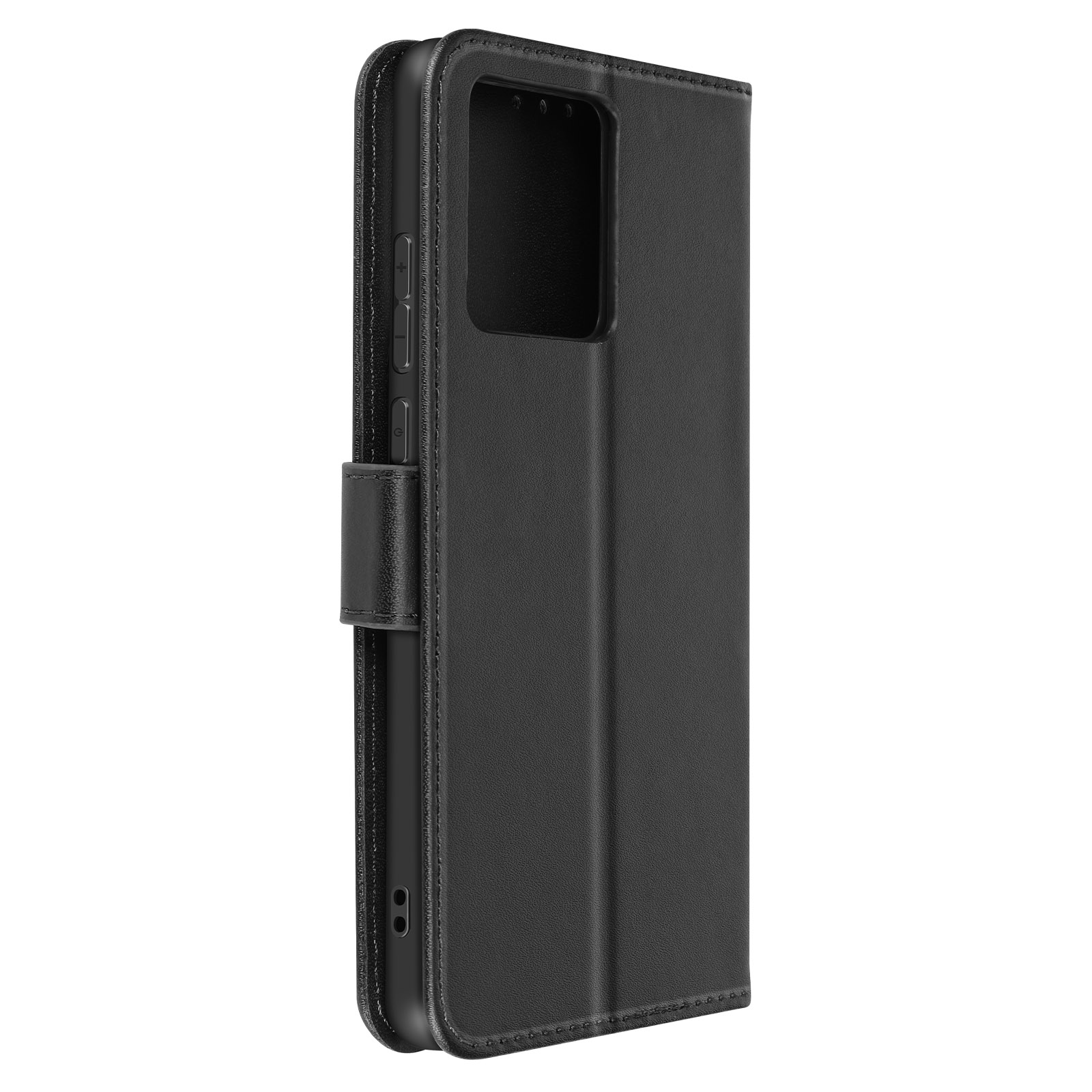 Custodia per telefono nera con cover a ribalta, chiusa. La custodia ha una superficie liscia.