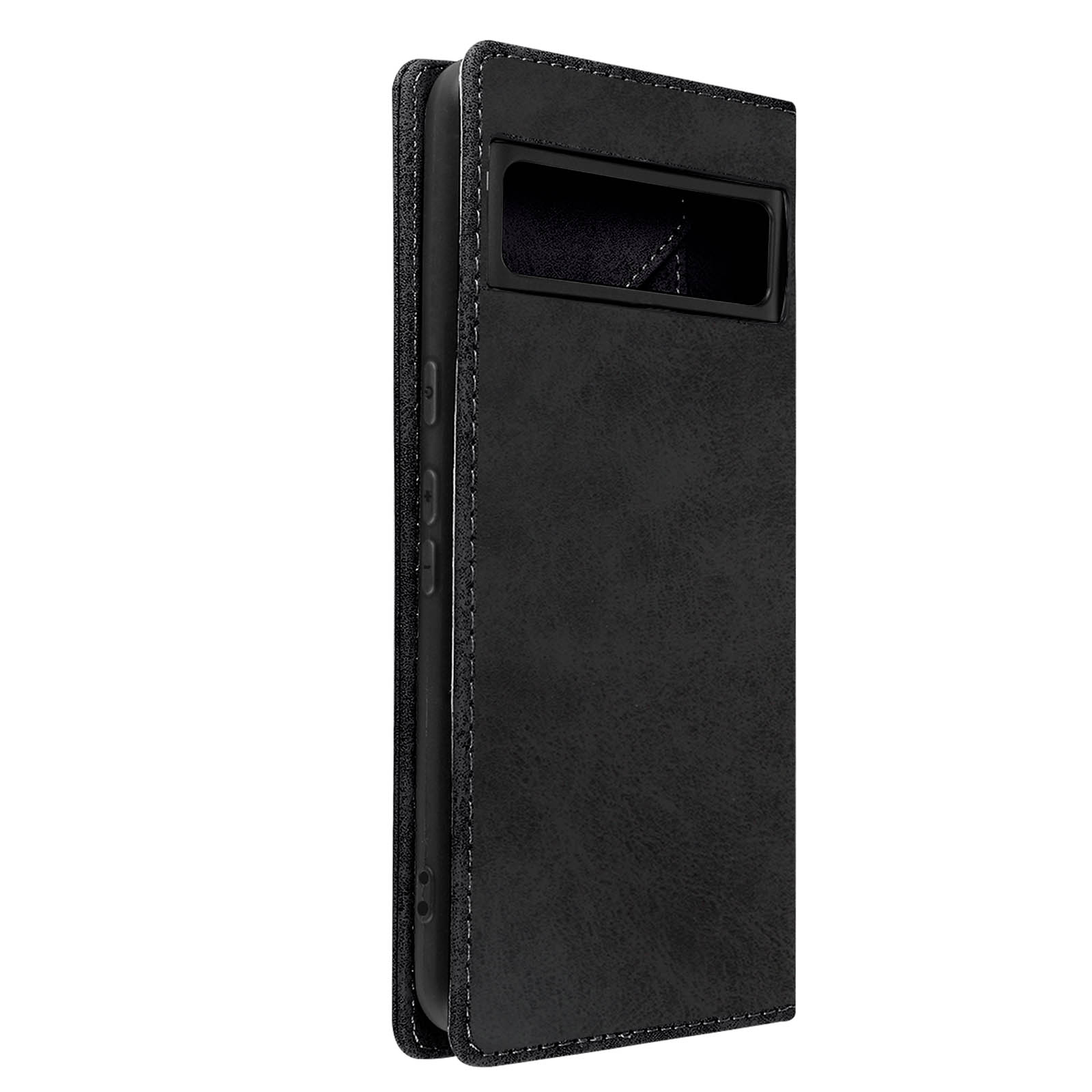 Eine schwarze Handyhülle im Folio-Design, geschlossen. Sie hat einen Kameraausschnitt und weiße Nähte.