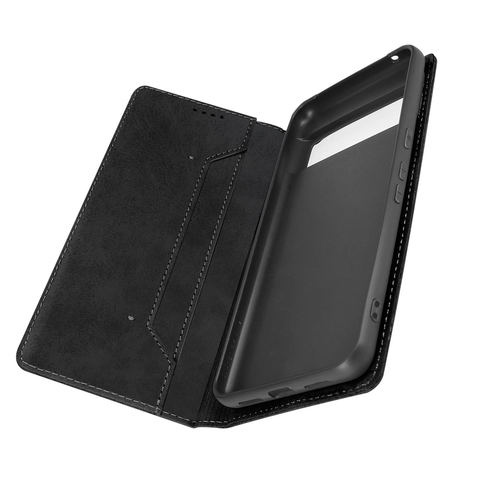 Schwarze Telefonhülle offen, mit einem Telefon im Inneren, die Innentaschen zeigend.