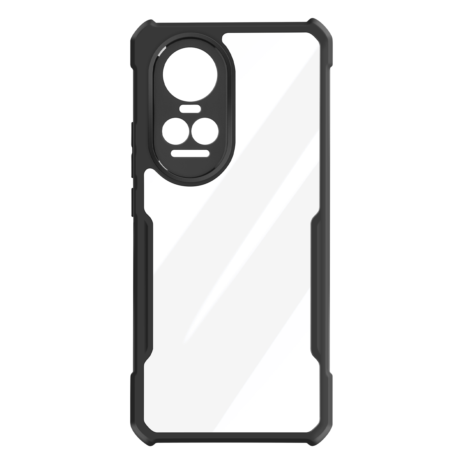 Custodia per telefono nera con retro trasparente e anello fotocamera nero. La custodia è su una superficie bianca.