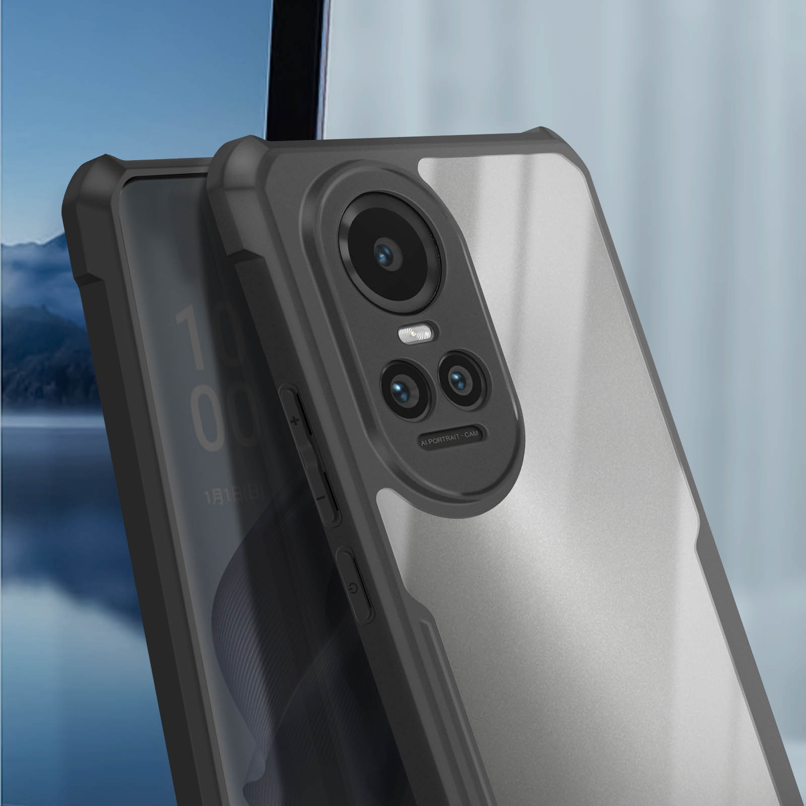 Una custodia per telefono con un rigonfiamento della fotocamera. Ha un retro trasparente e bordi grigi.
