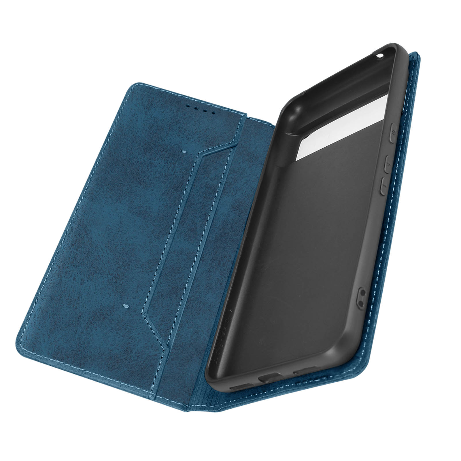 Custodia blu aperta, che mostra l'interno e un vano a forma di telefono.