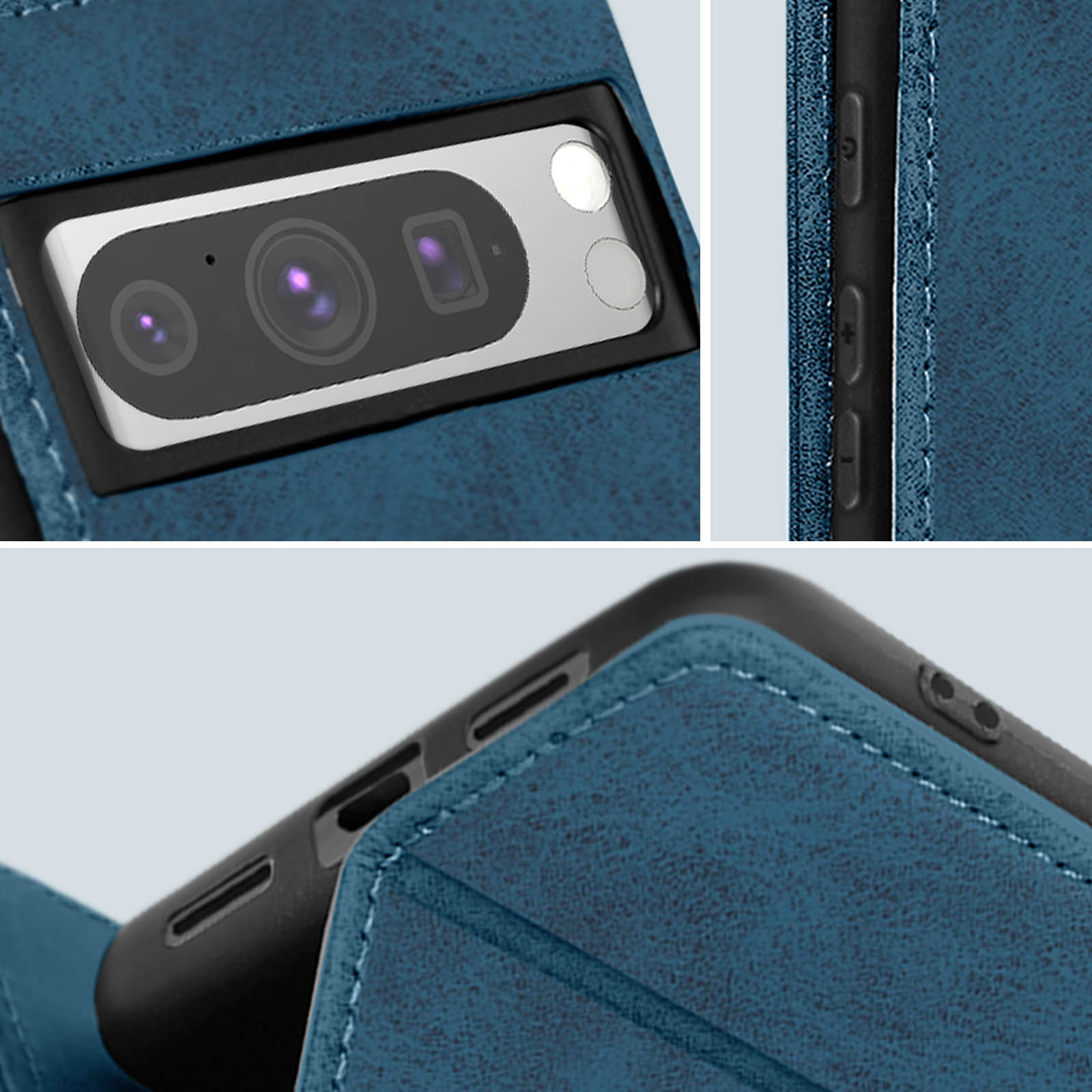 Primo piano di una custodia per telefono con ritaglio per la fotocamera. La custodia è blu e presenta una superficie strutturata.