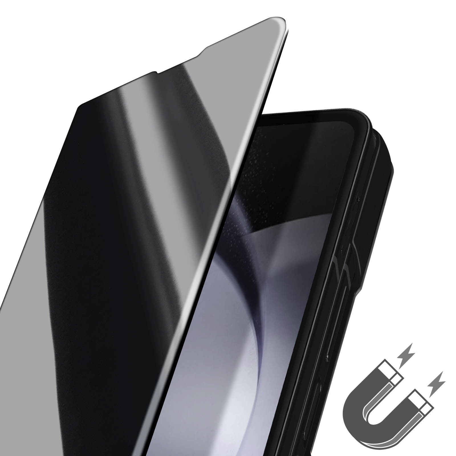 Viene mostrata una custodia per telefono nera con una copertura argentata e riflettente, con un simbolo del magnete in basso a destra.