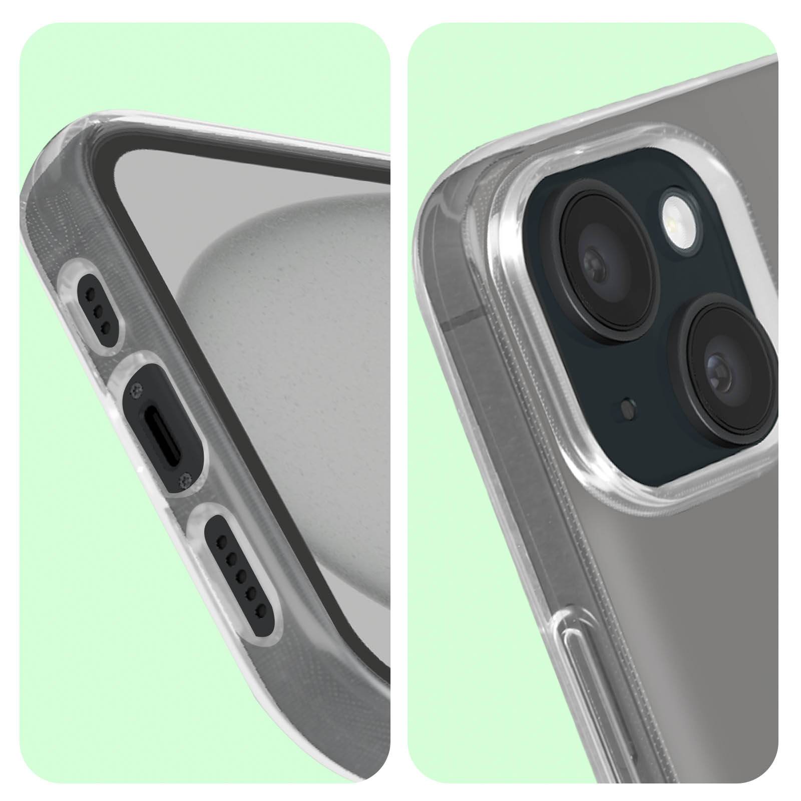 Nahaufnahme einer transparenten Handyhülle mit Kamera- und Knopfdarstellung, die das Telefon zeigt.