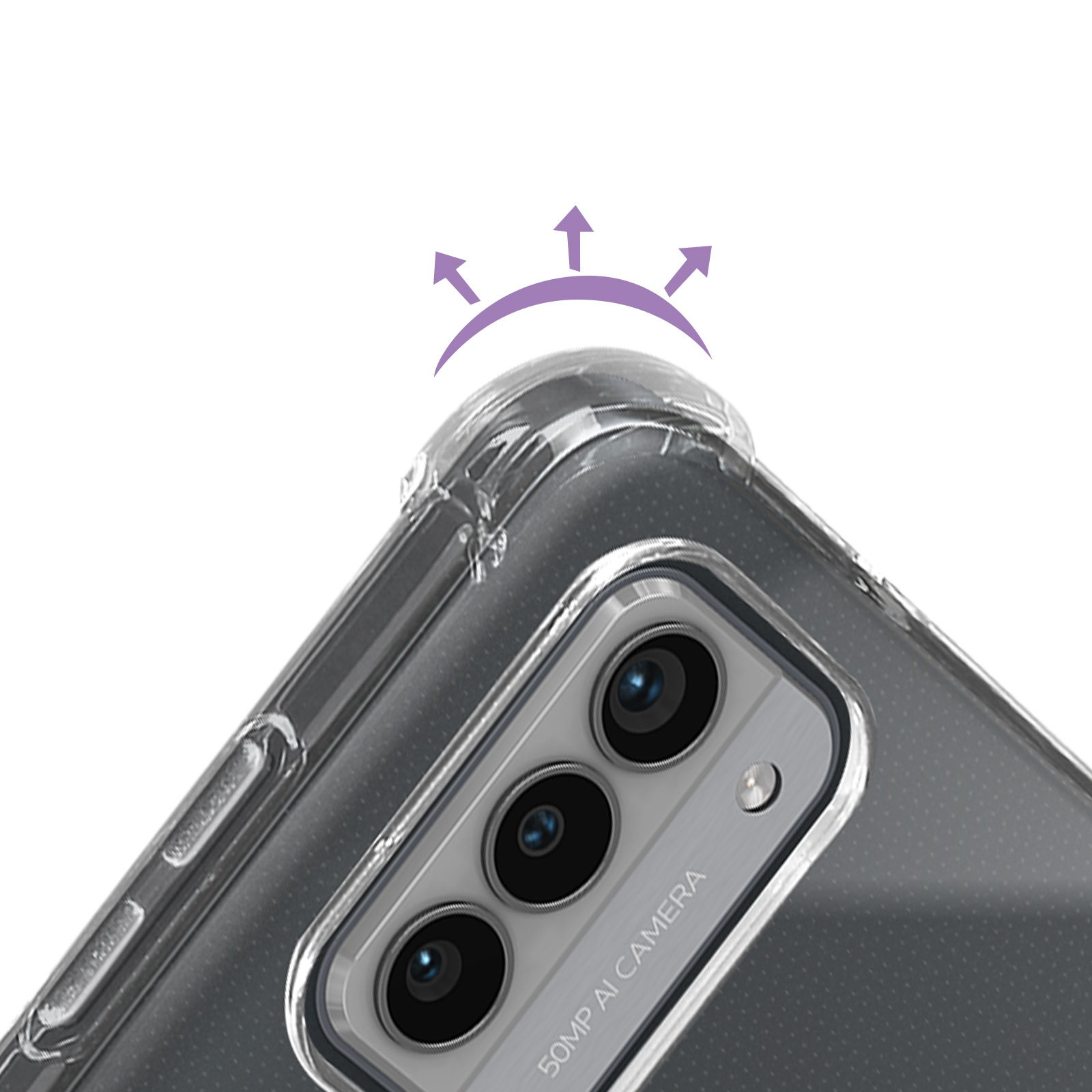 Primo piano del modulo fotocamera di un telefono all'interno di una custodia trasparente. Le frecce indicano la protezione dagli urti.