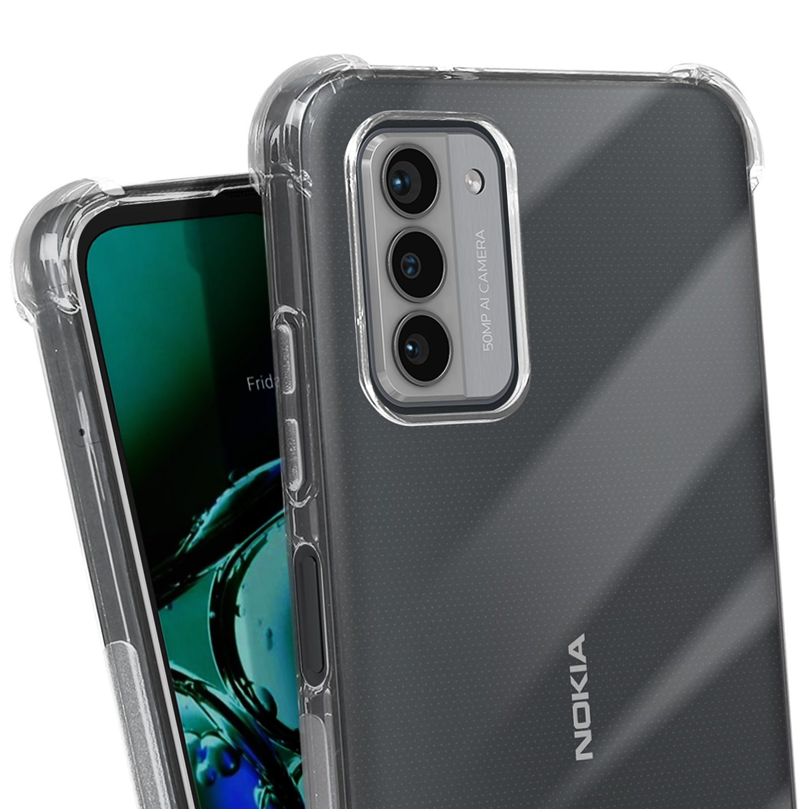 Una custodia trasparente per telefono, installata su un telefono. Il telefono ha una fotocamera.