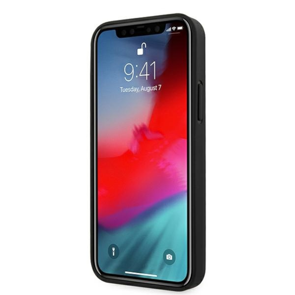 iPhone nero in una custodia nera. Lo schermo mostra l'ora, la data e uno sfondo colorato.