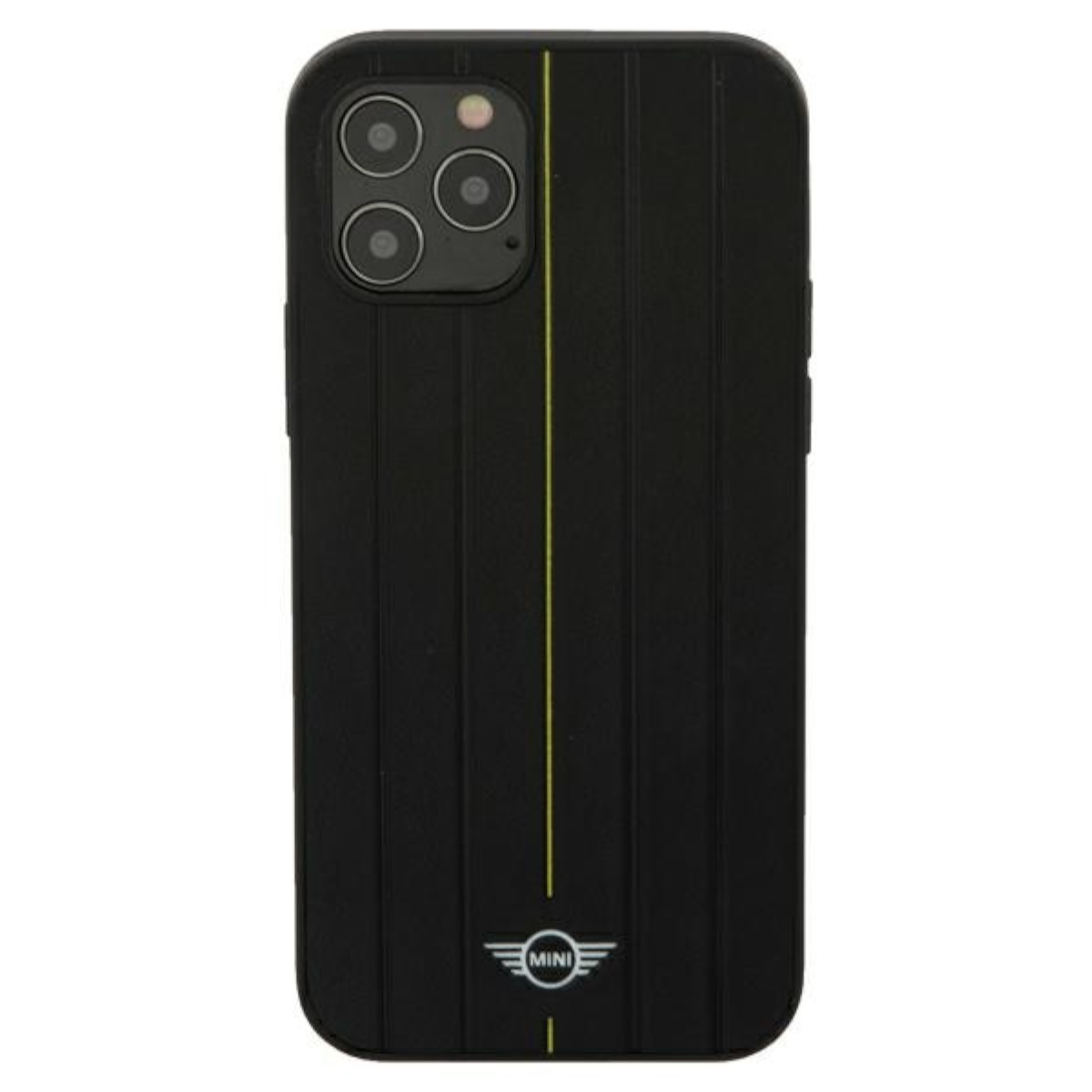 Custodia per telefono nera con una striscia gialla e il logo Mini. Ha tre obiettivi per fotocamera.
