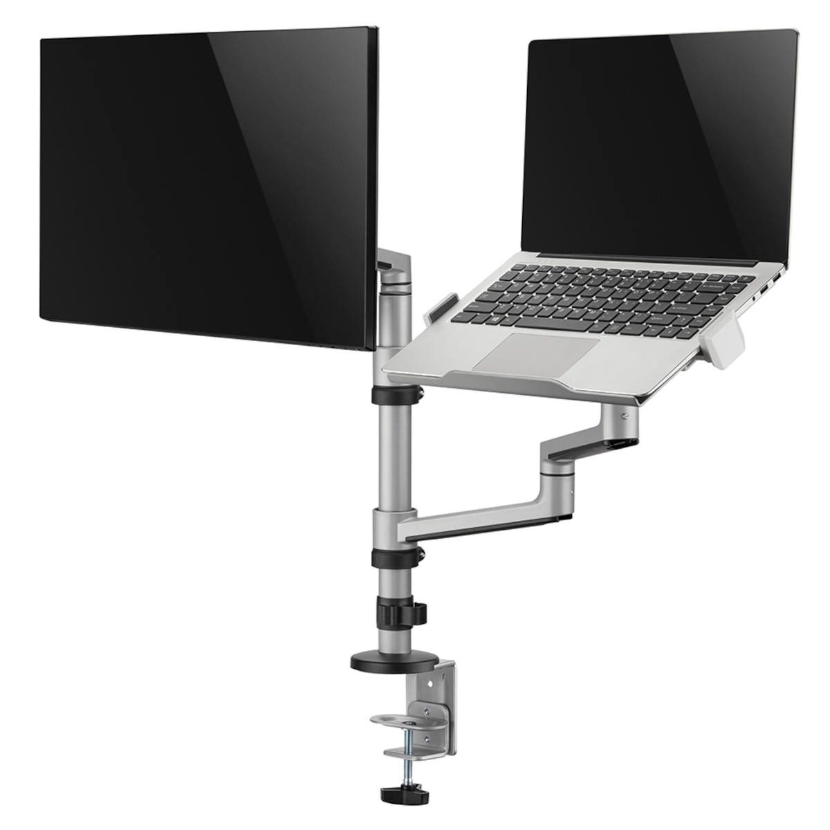 Un monitor e un laptop montati su un braccio argentato. Il monitor è nero. Il laptop è aperto.