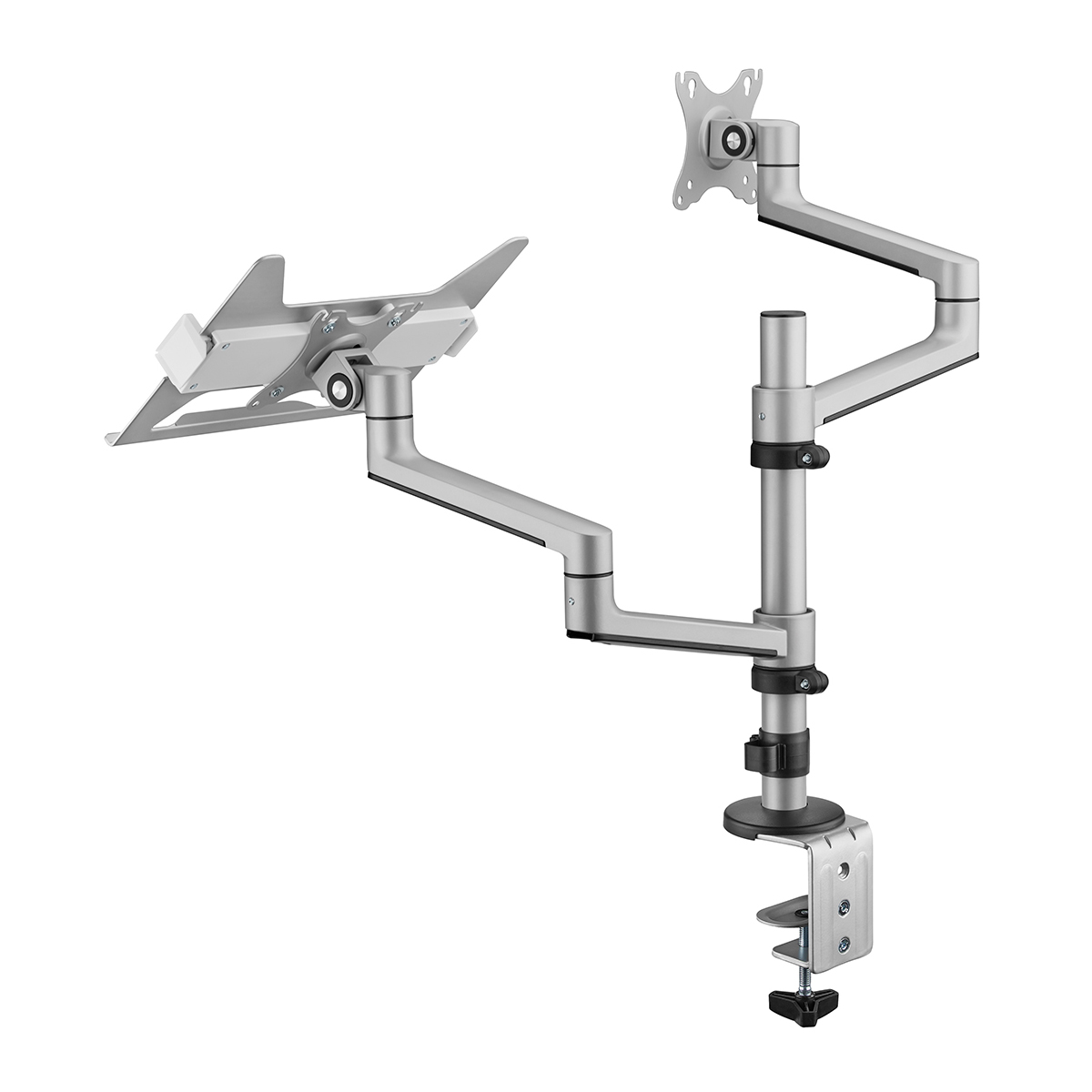 Braccio doppio monitor argento. Supporti monitor in alto a sinistra. Morsetto in basso.