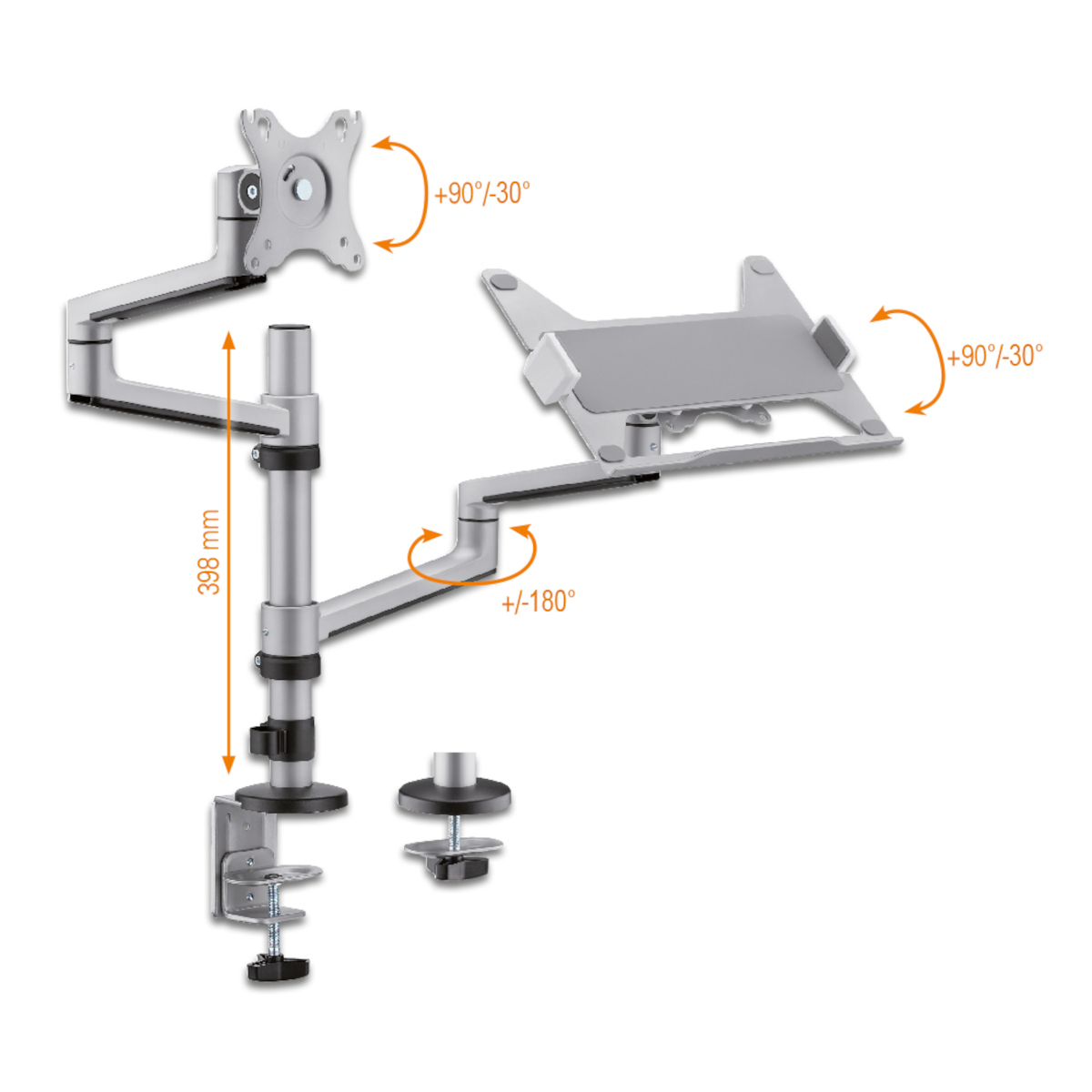 Supporto per monitor con due bracci, regolabile. Gli angoli sono indicati. Montato su un tavolo con un morsetto.