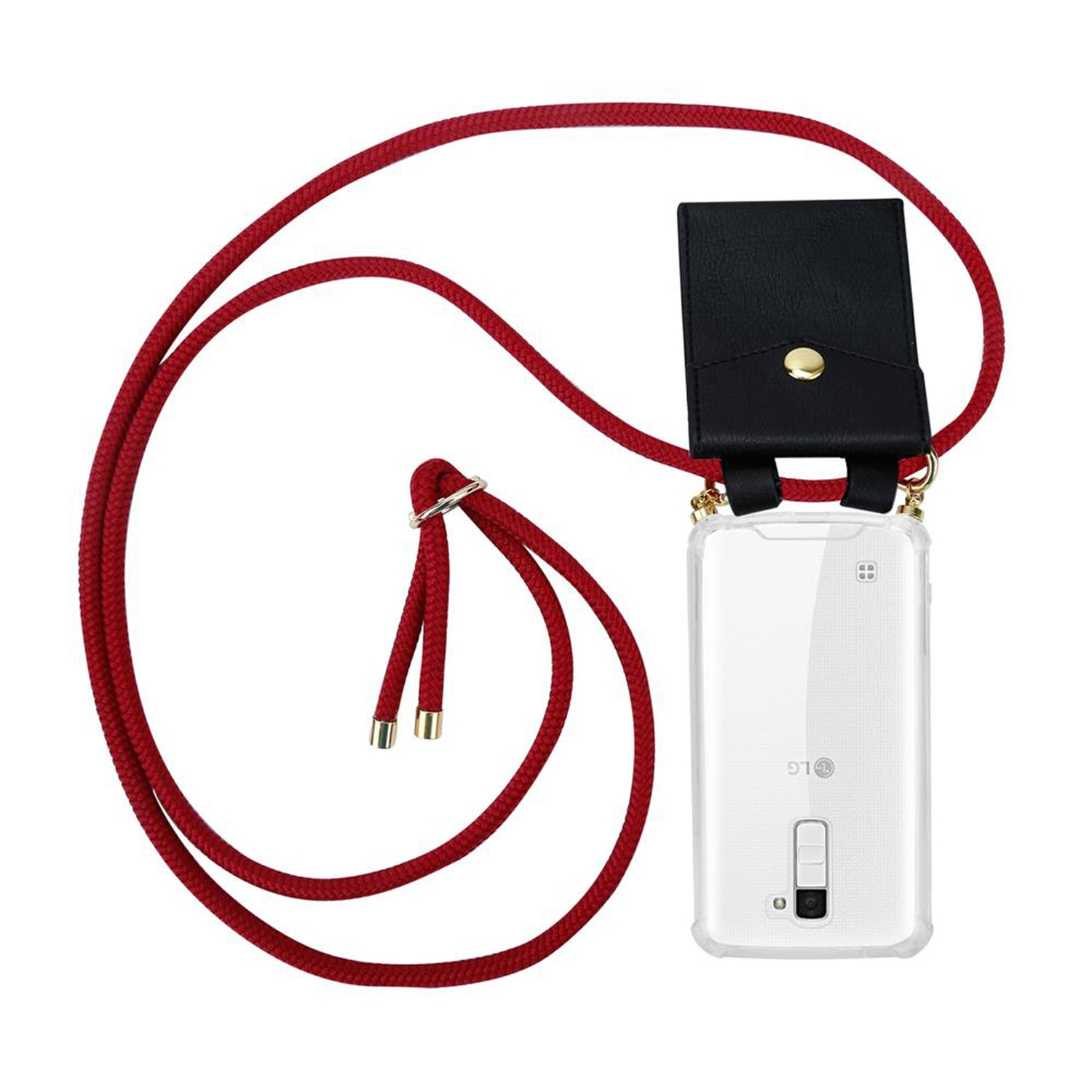 Klares Telefon mit rotem Umhängeband. Es hat eine schwarze Ledertasche mit goldenen Akzenten.
