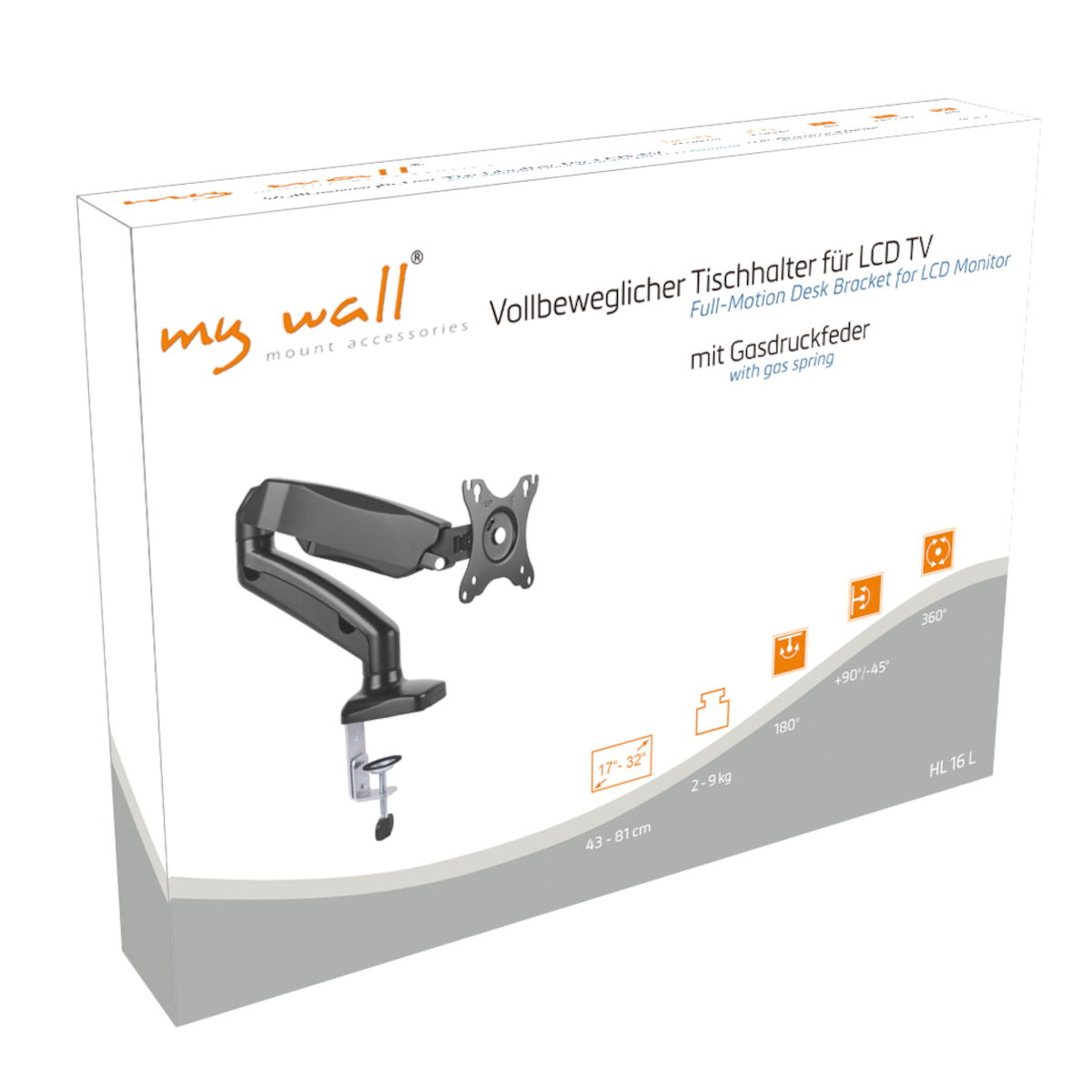 Scatola con un braccio per monitor, con funzioni come movimento completo e molla a gas.