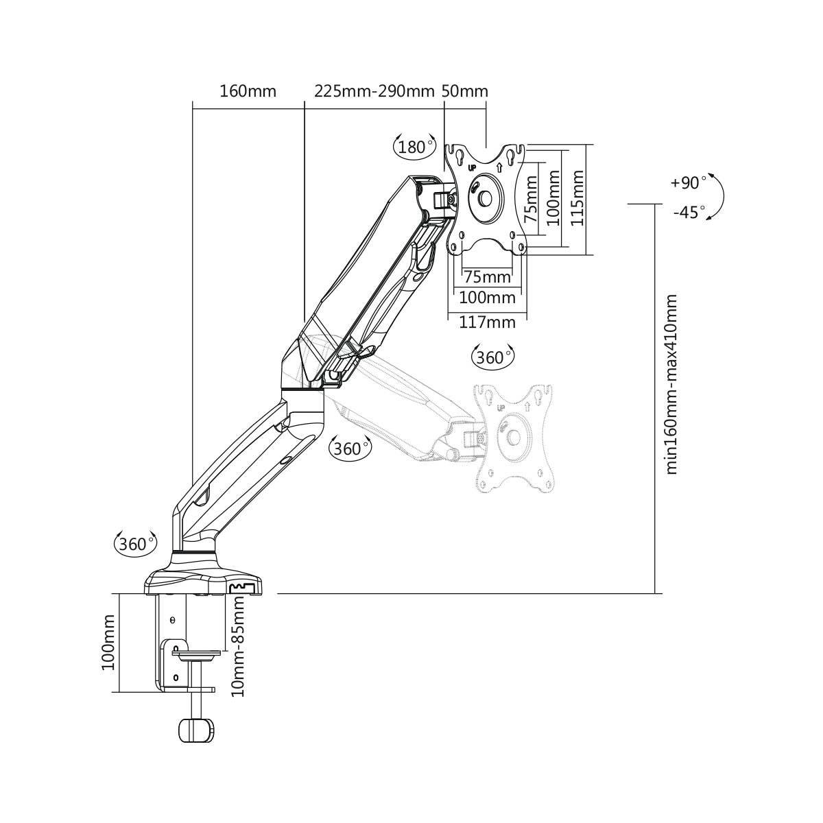 Diagramma di un braccio per monitor con misure. Illustra l'ampiezza dei movimenti e le dimensioni.