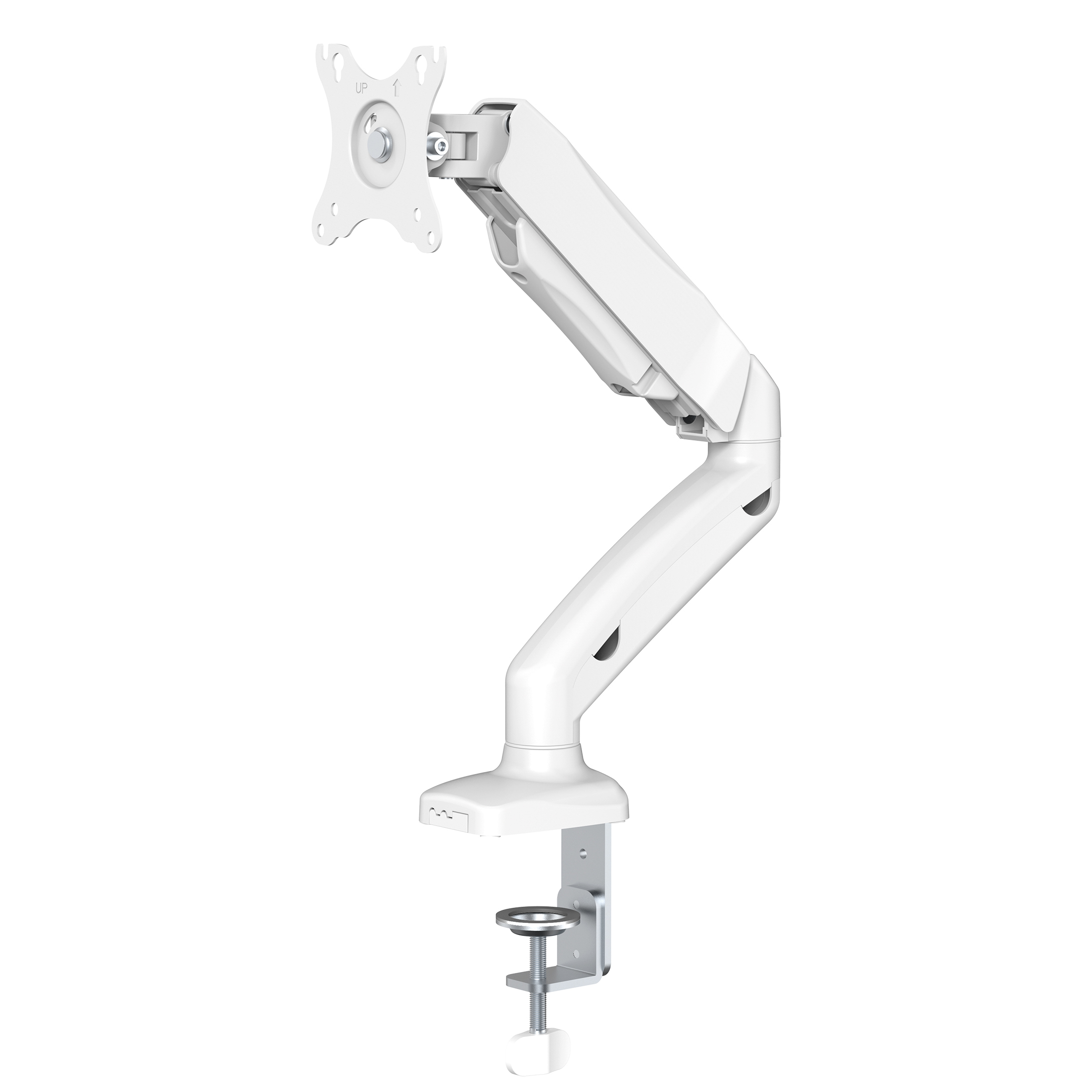 Un braccio per monitor bianco e regolabile collegato a un morsetto, progettato per montare un monitor per computer.