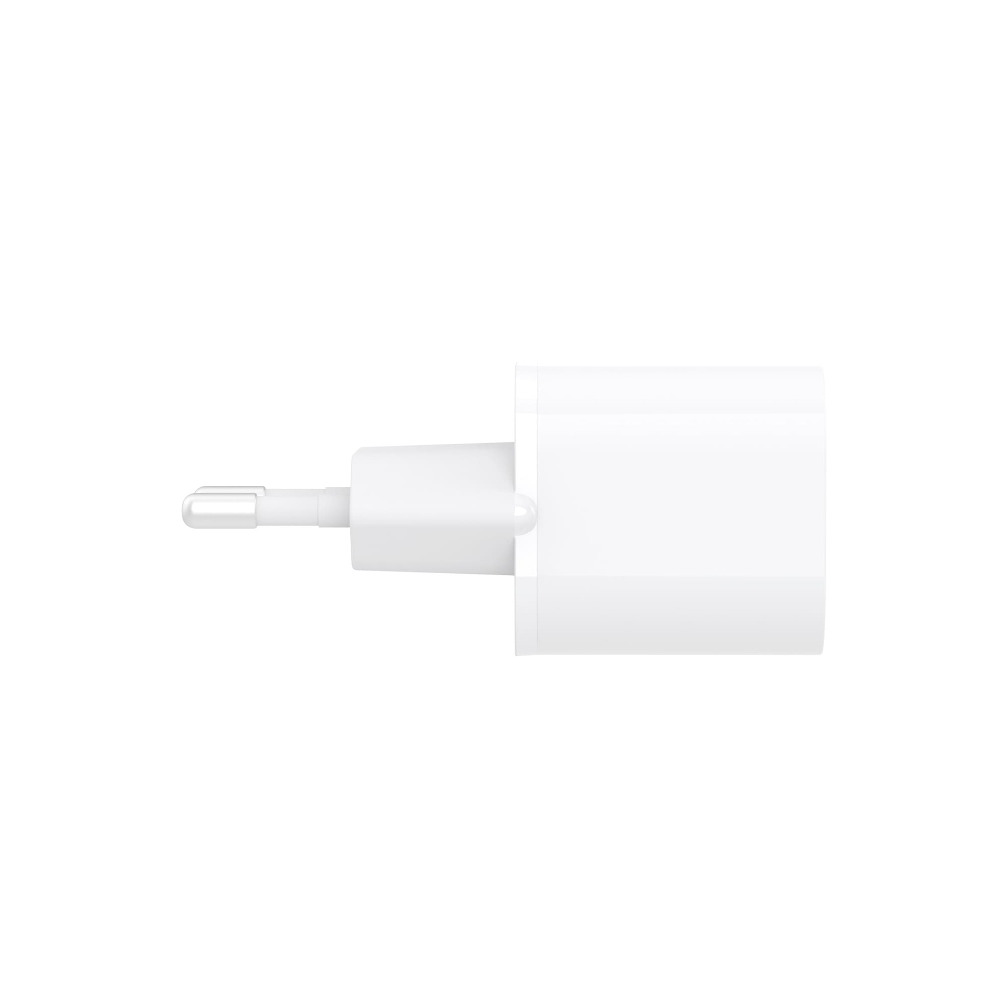Un adaptador de corriente USB blanco, diseñado para cargar dispositivos, aislado sobre fondo blanco.