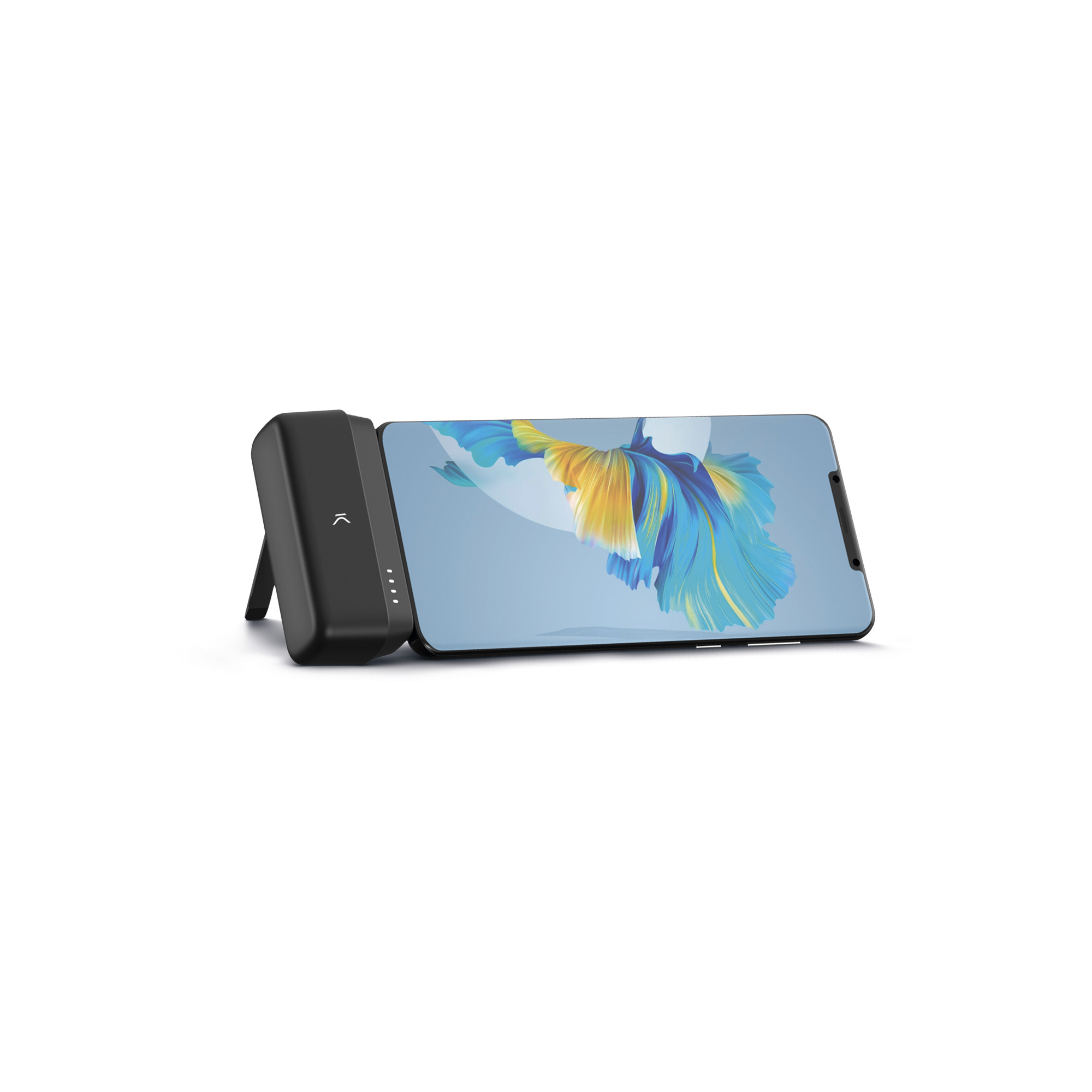 Un teléfono negro y un soporte negro con un teléfono en exhibición. Aislado sobre fondo blanco.