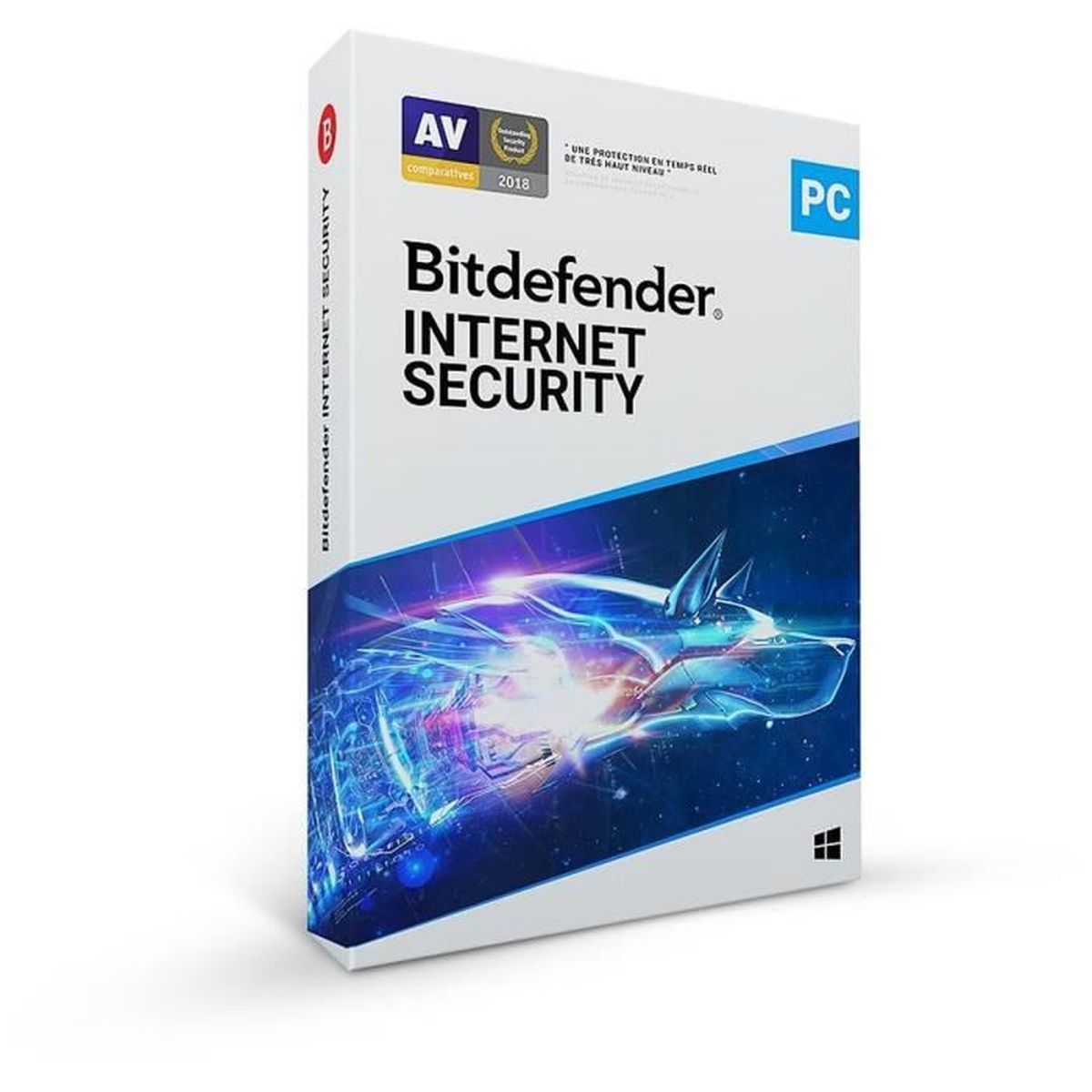Pudełko Bitdefender Internet Security, białe z niebieskimi akcentami i zdjęciem produktu, etykieta PC, białe tło.