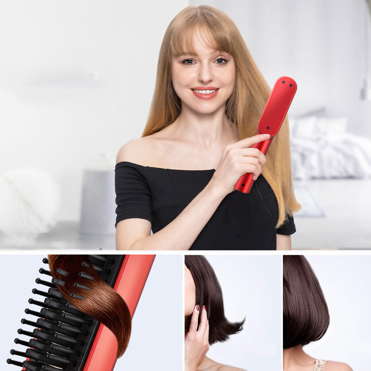 Frau benutzt einen roten Haarglätter, Haarproben unten.