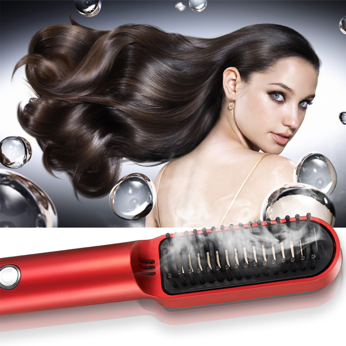 Frau mit glänzendem Haar, Dampf-Haar-Glätter in Rot. Wasserdampf und Wasserblasen im Hintergrund.