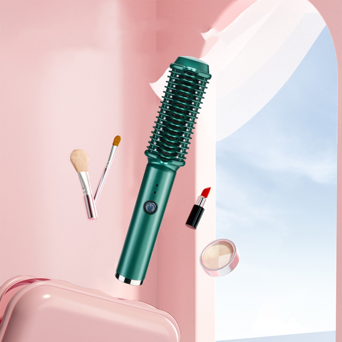 Eine grüne Haarglättungsbürste mit Make-up-Artikeln wie Lippenstift und Pinsel, die schweben.