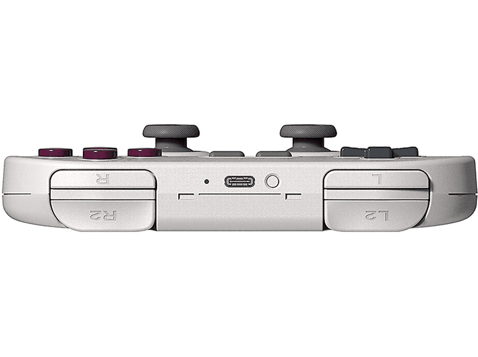 Biały kontroler do gier z fioletowymi przyciskami i portem USB-C.