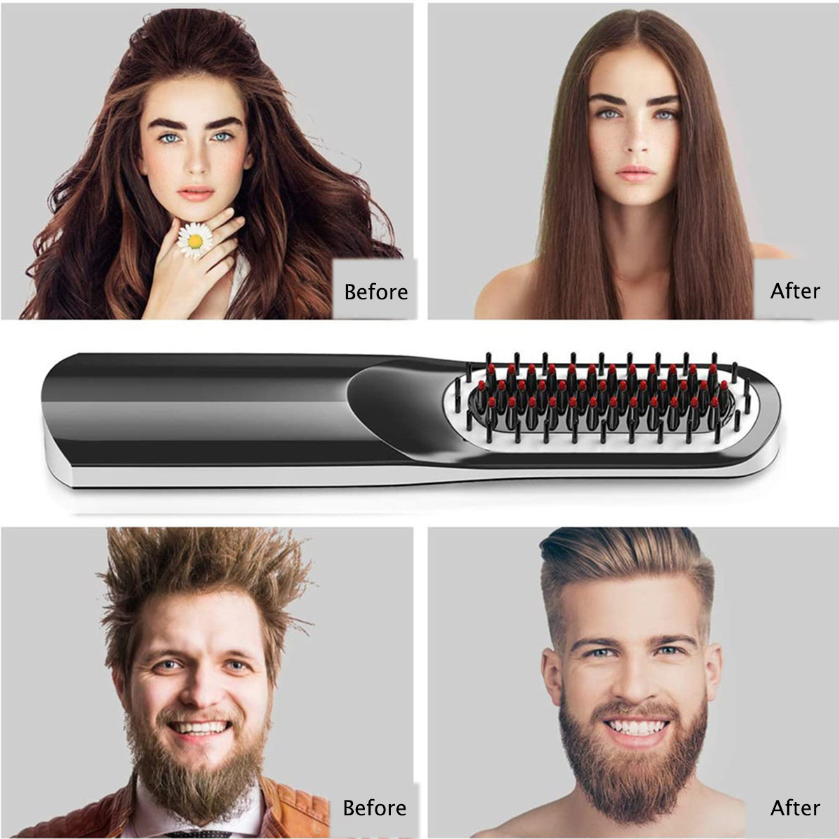 Geteiltes Bild, Vorher-Nachher-Haar- und Bartpflege mit einem Kamm.