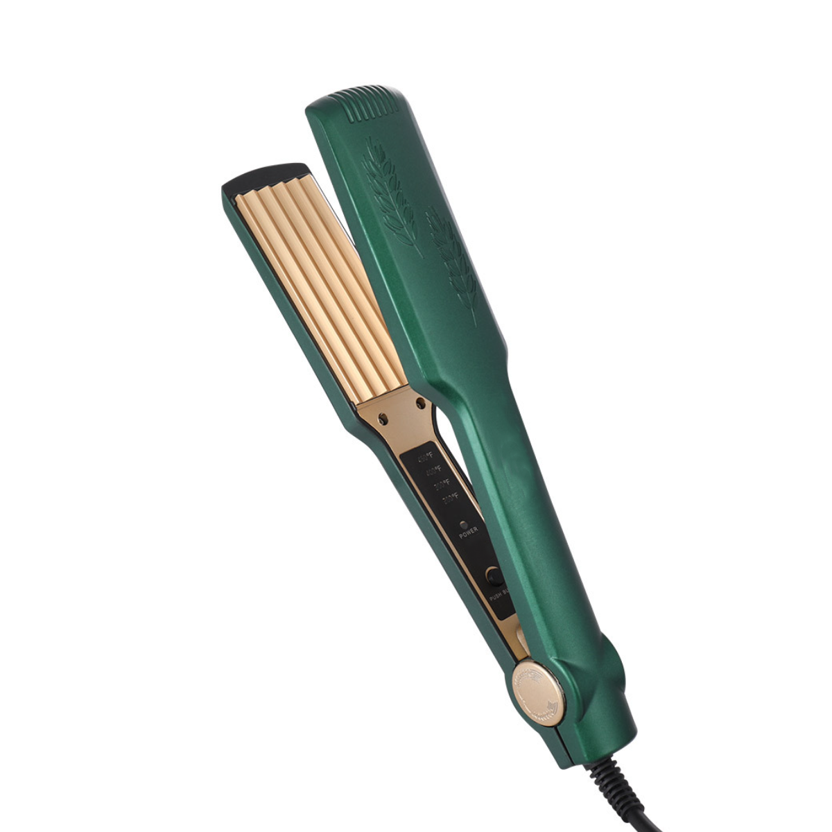 Grüner Haarglätter mit Goldplatten und schwarzem Netzkabel.